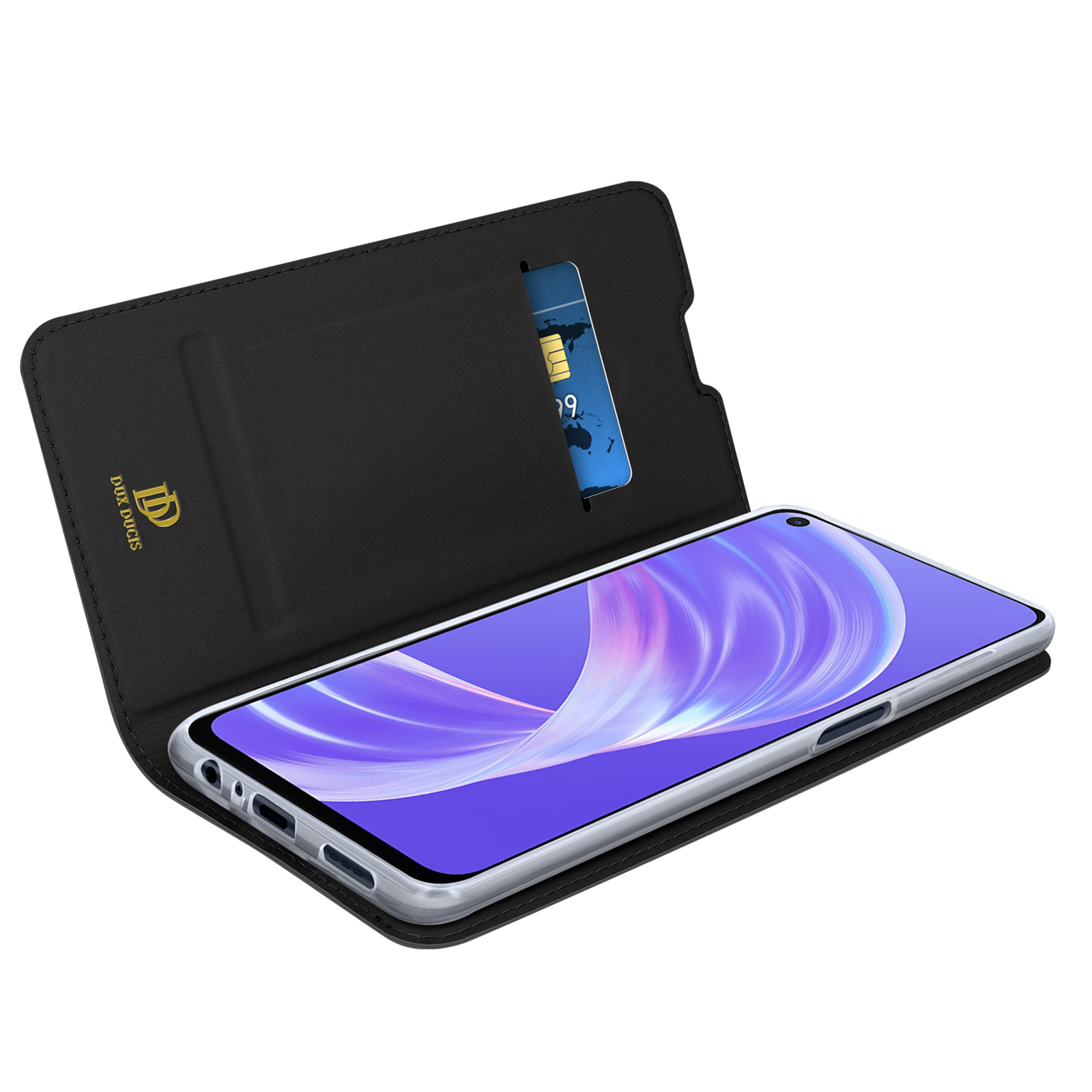 Un telefono in una custodia nera con una carta di credito in uno slot. La custodia è aperta, mostrando lo schermo.