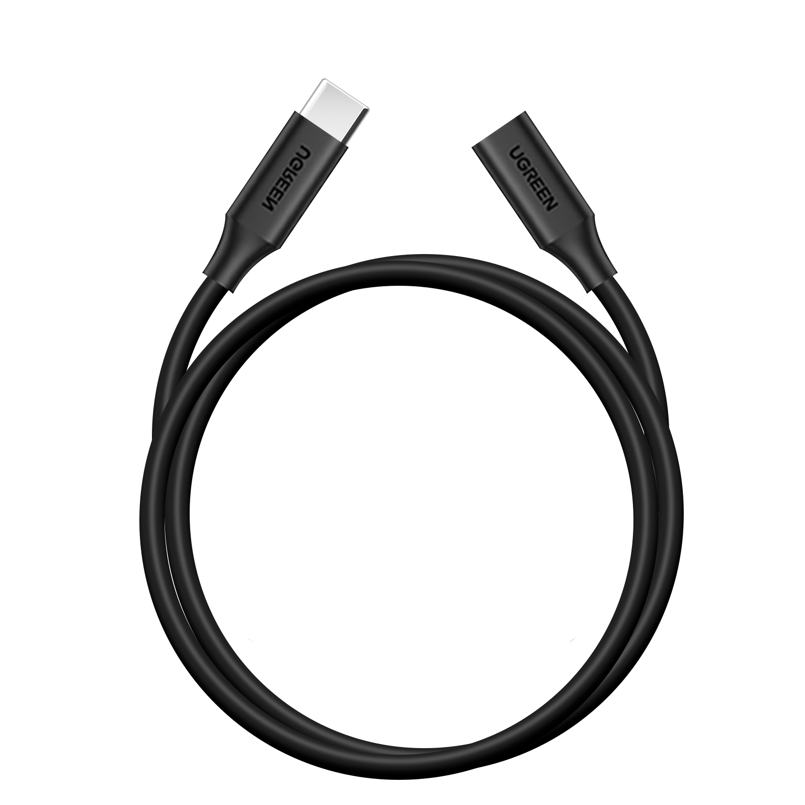 Zwarte UGREEN-kabel, USB-C naar USB-C, geïsoleerd op witte achtergrond.
