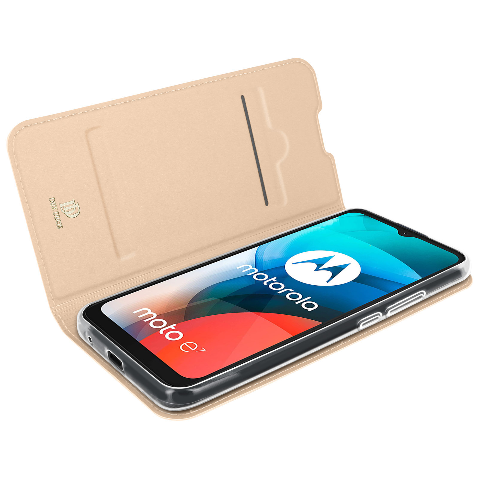 Telefono in una custodia con il logo Motorola. La custodia è aperta.