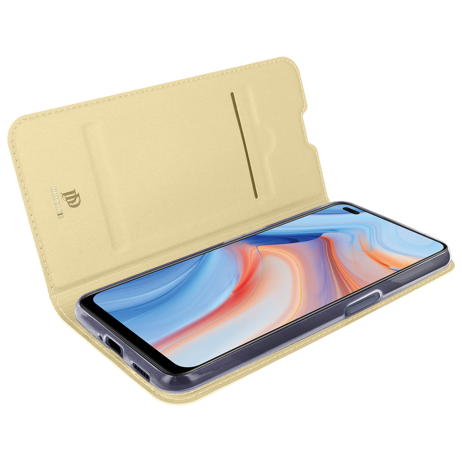 Gelbe Handyhülle geöffnet mit Telefon. Telefonbildschirm an. Beiger Hintergrund.