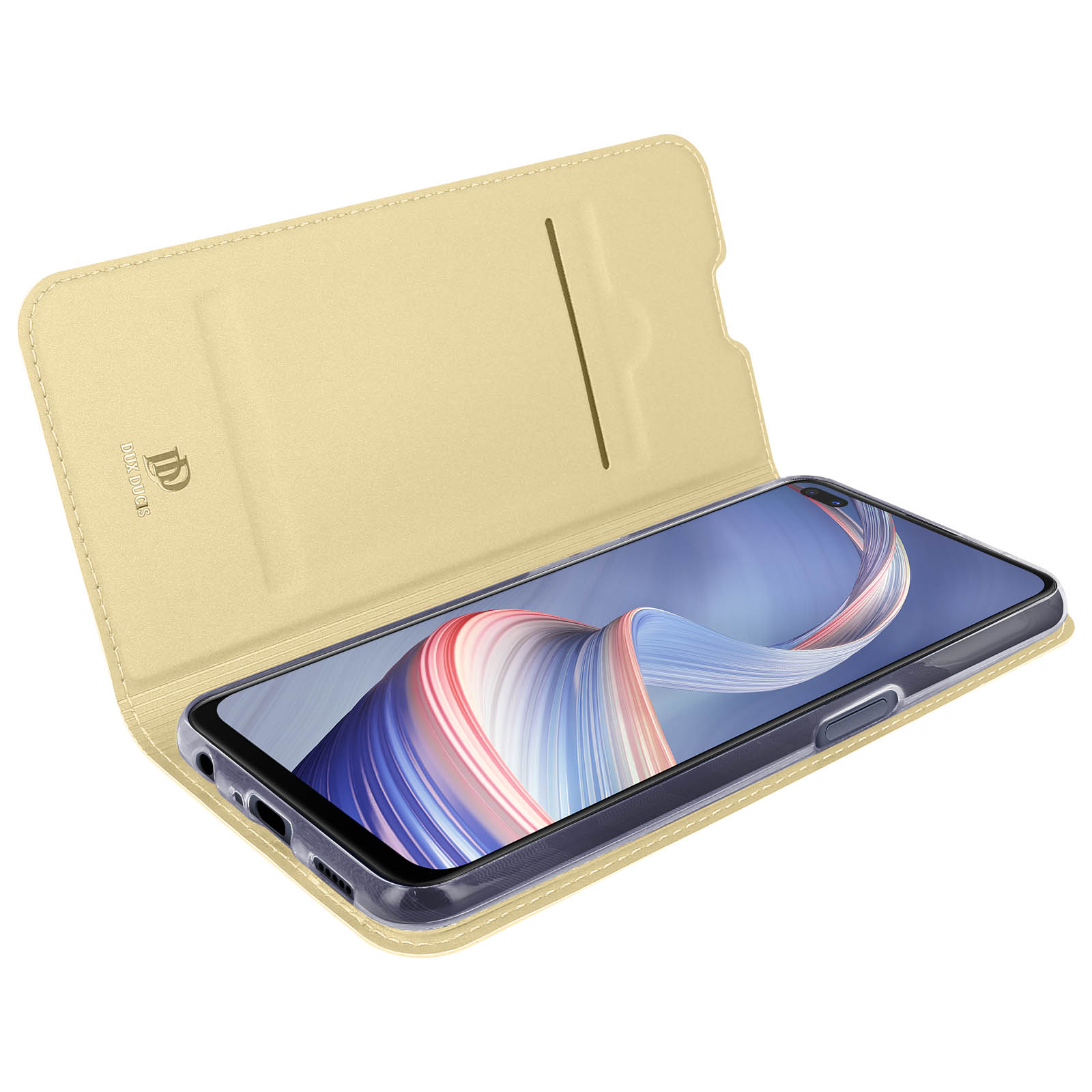 Custodia per telefono aperta che mostra un telefono. La custodia ha uno slot per schede. Il telefono è su uno sfondo chiaro.