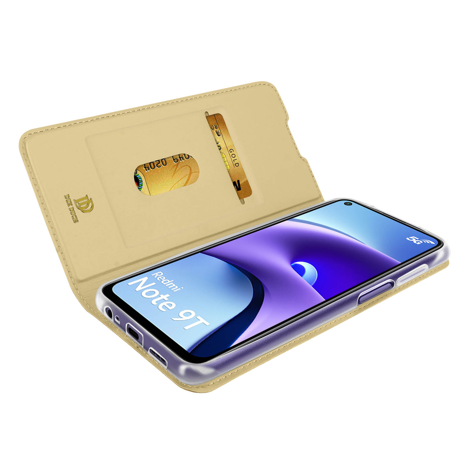 Telefon in einer hellbraunen Brieftasche, zeigt eine goldene Karte. Telefonbildschirm zeigt Text.