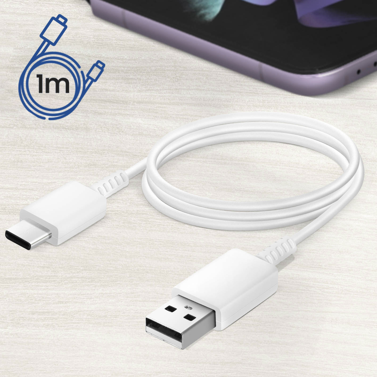 Cavo da USB-C a USB bianco. Un simbolo di 1 m è visualizzato sopra il cavo.