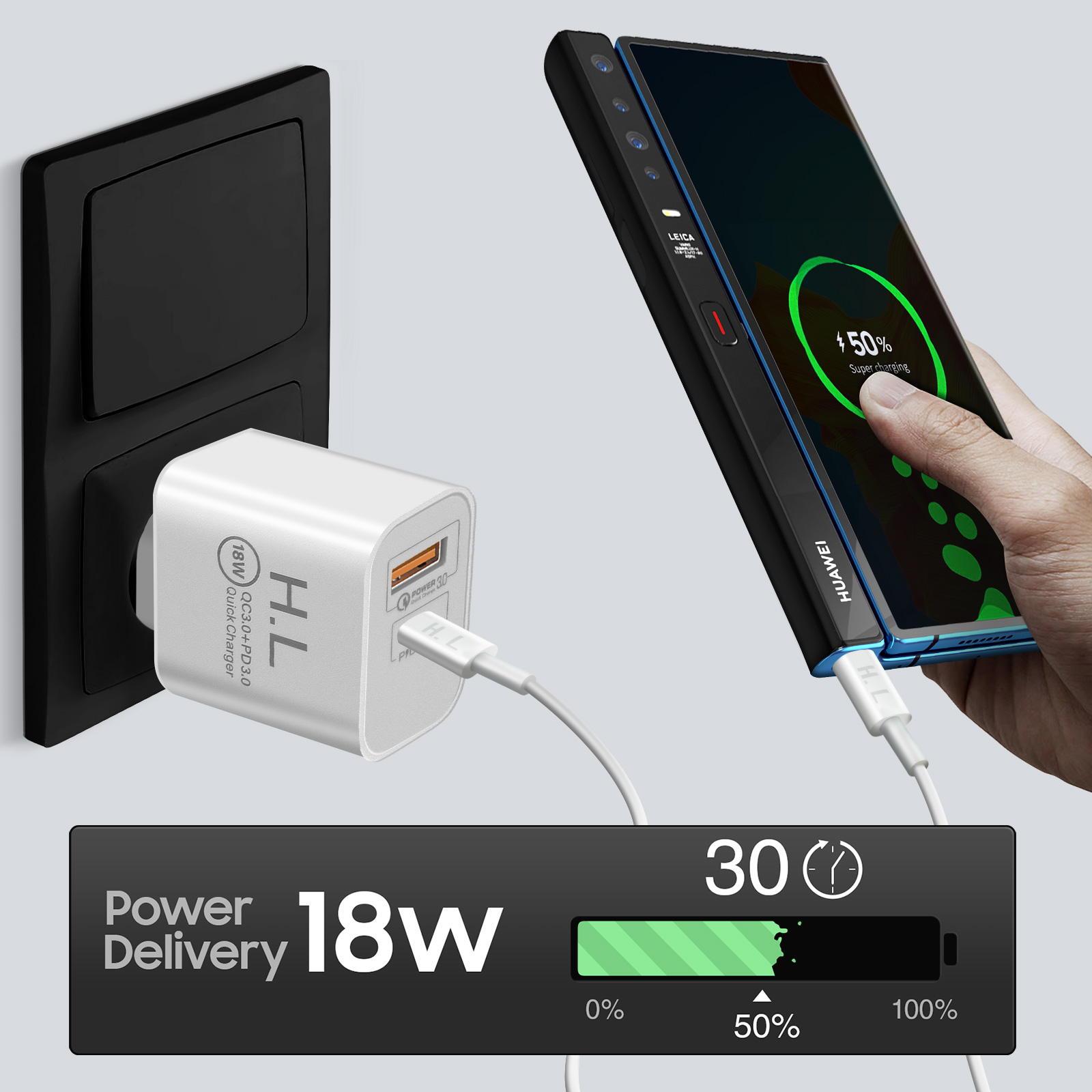 Telefon lädt mit einem 18W-Power-Delivery-Ladegerät. Anzeige: 50 % geladen.