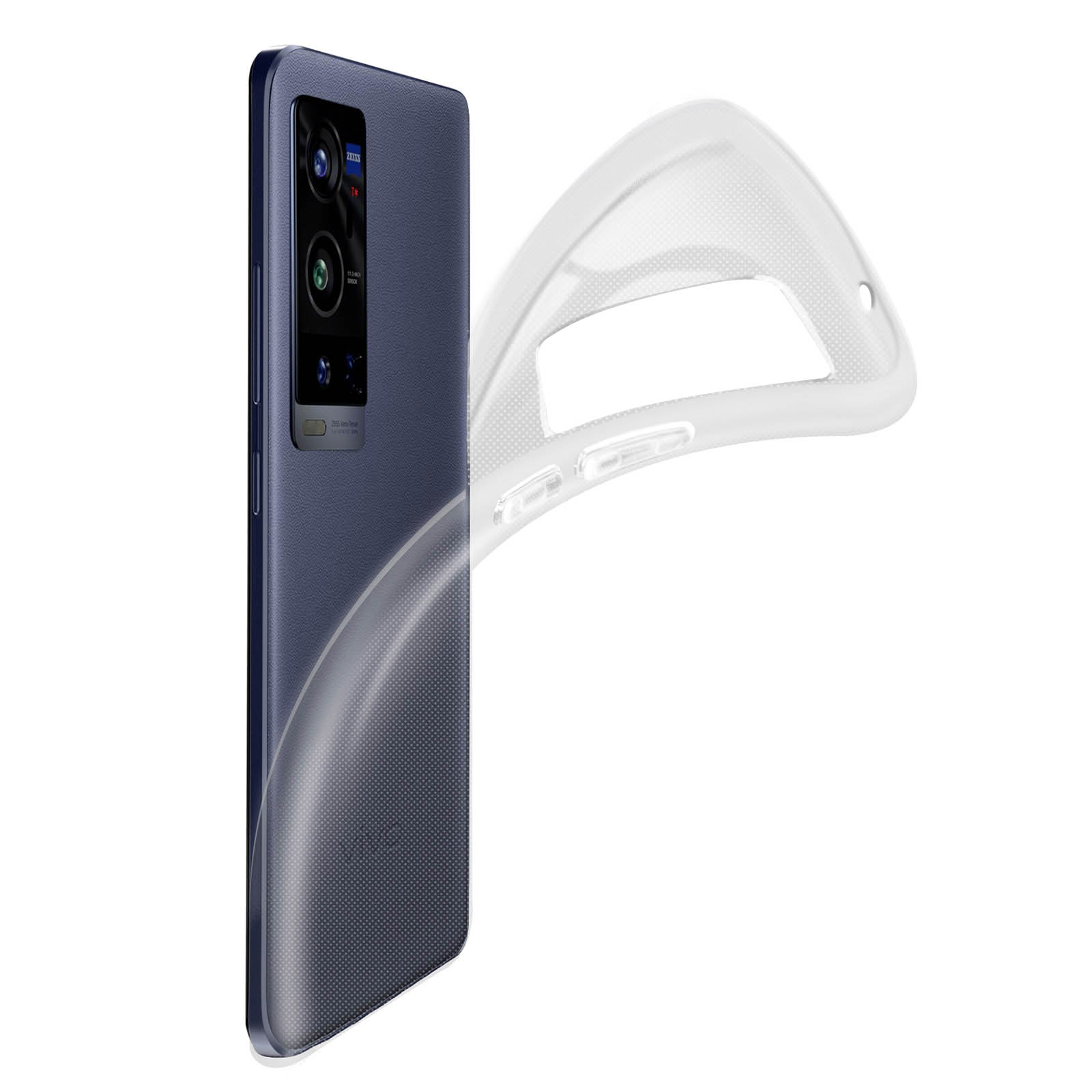 Telefono con custodia trasparente attaccata, che mostra la configurazione della fotocamera posteriore.