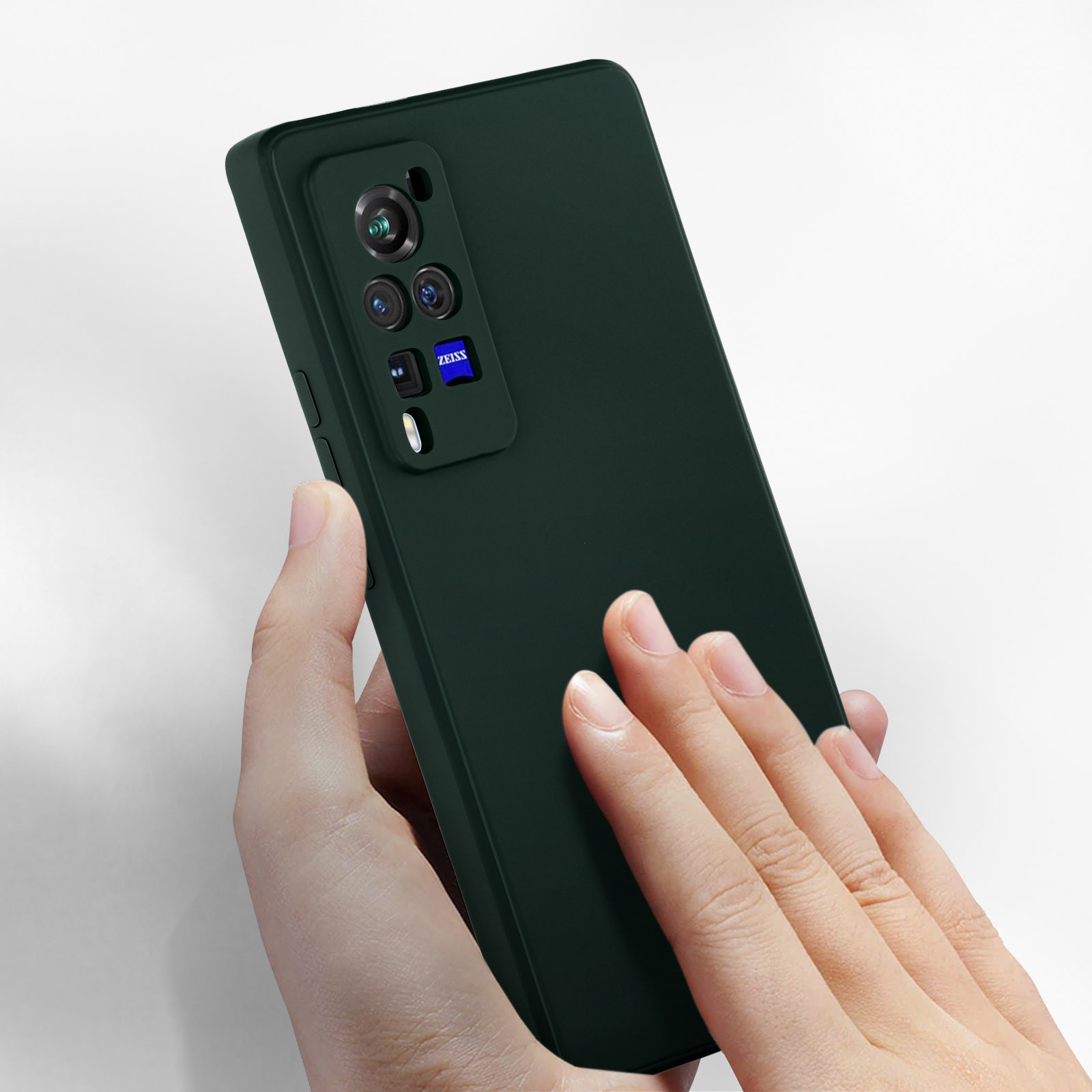 Custodia per telefono verde scuro con telefono, mostra le lenti della fotocamera.
