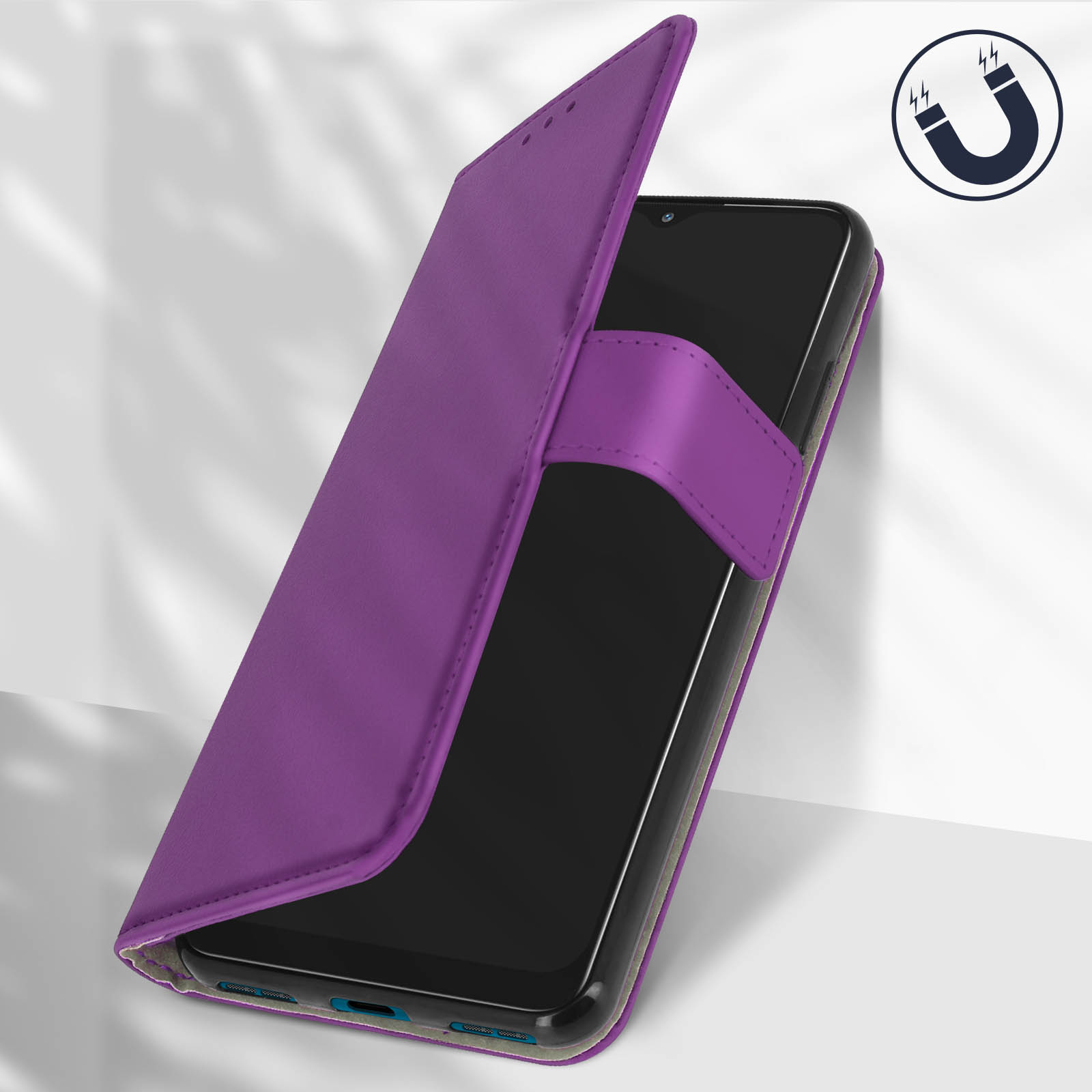 Un telefono in una custodia a libro viola con chiusura magnetica. Lo schermo del telefono è visibile e la custodia è aperta.