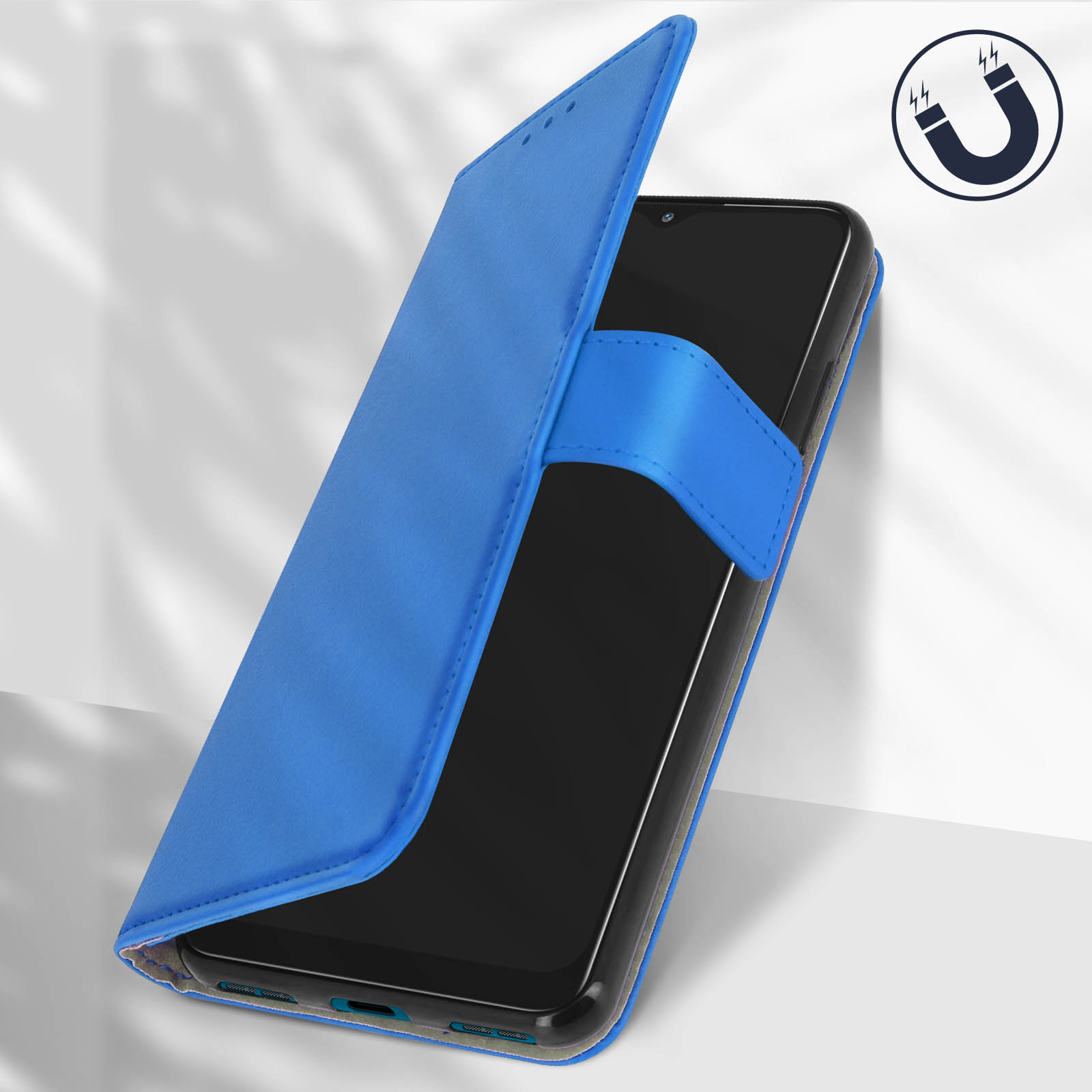 Una custodia blu per telefono, aperta, che rivela un telefono. Una piccola icona a calamita sullo sfondo.