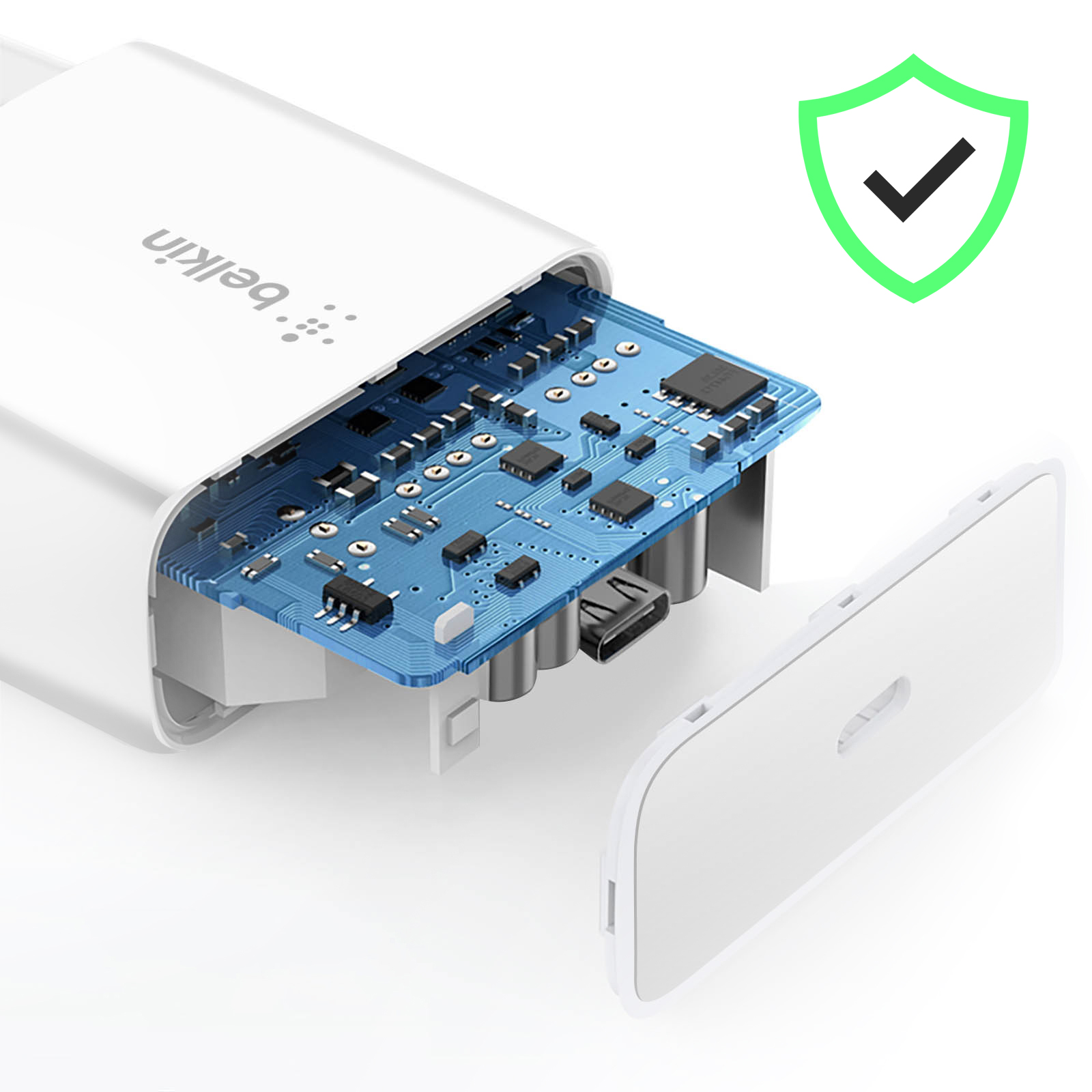 Caricabatterie Belkin bianco aperto, che mostra i componenti interni blu.