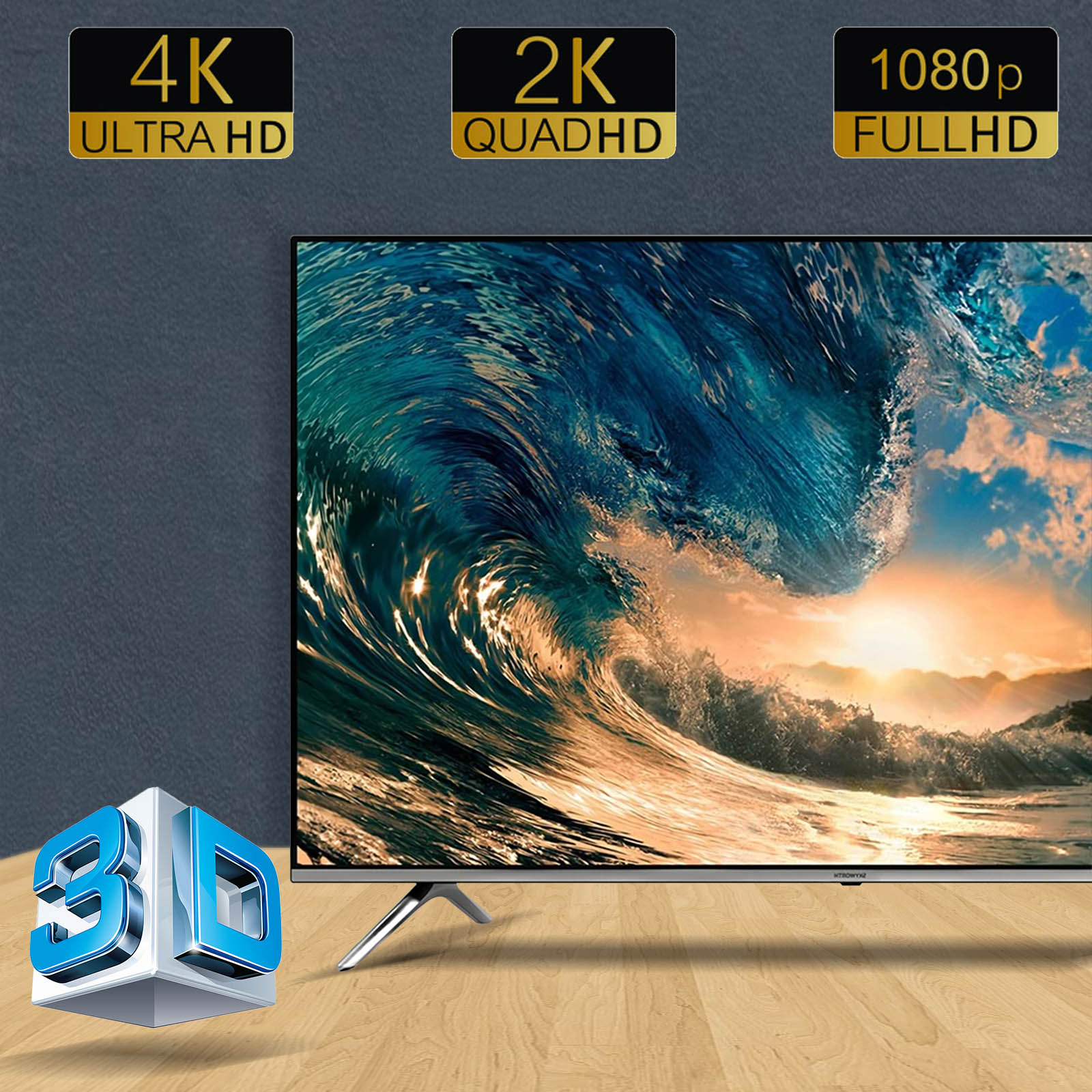 Una TV mostra una scena di spiaggia con onde. Le etichette 4K, 2K e 1080p sono sopra la TV con un cubo 3D.