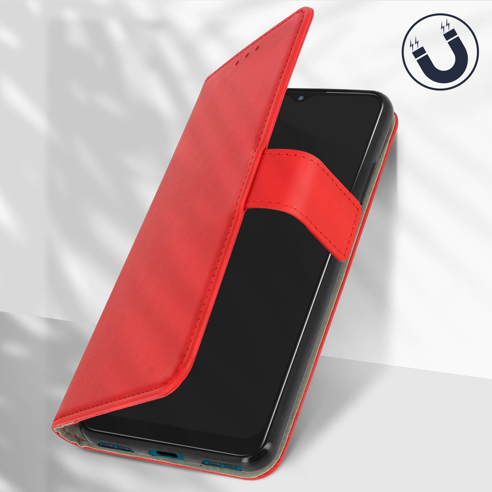 Custodia rossa aperta, rivela un telefono. Simbolo magnete visibile.