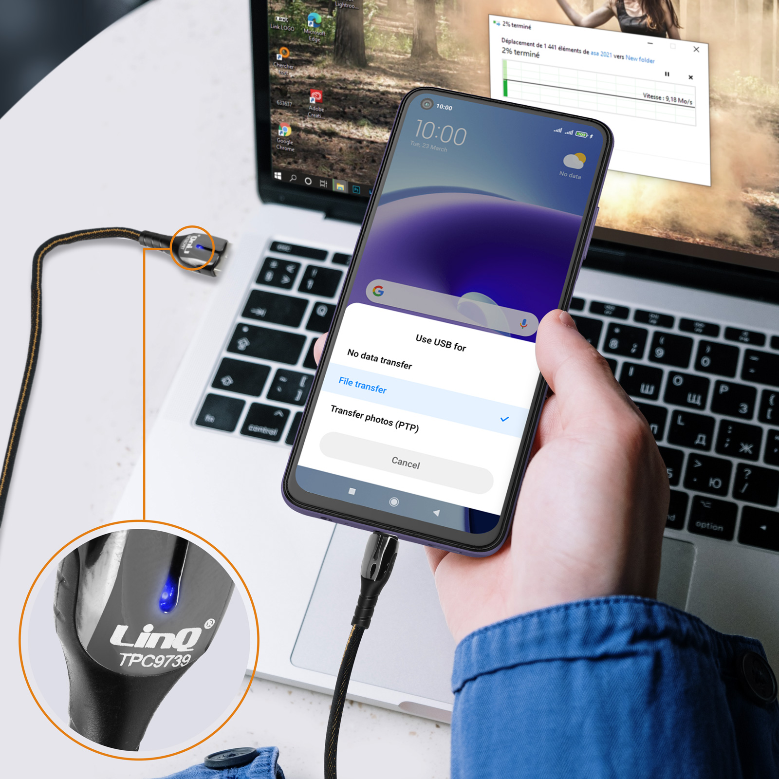 Ein Telefon, das mit einem Laptop und einem Netzkabel verbunden ist. Das Telefon zeigt ein Dialogfeld 'USB verwenden für'.