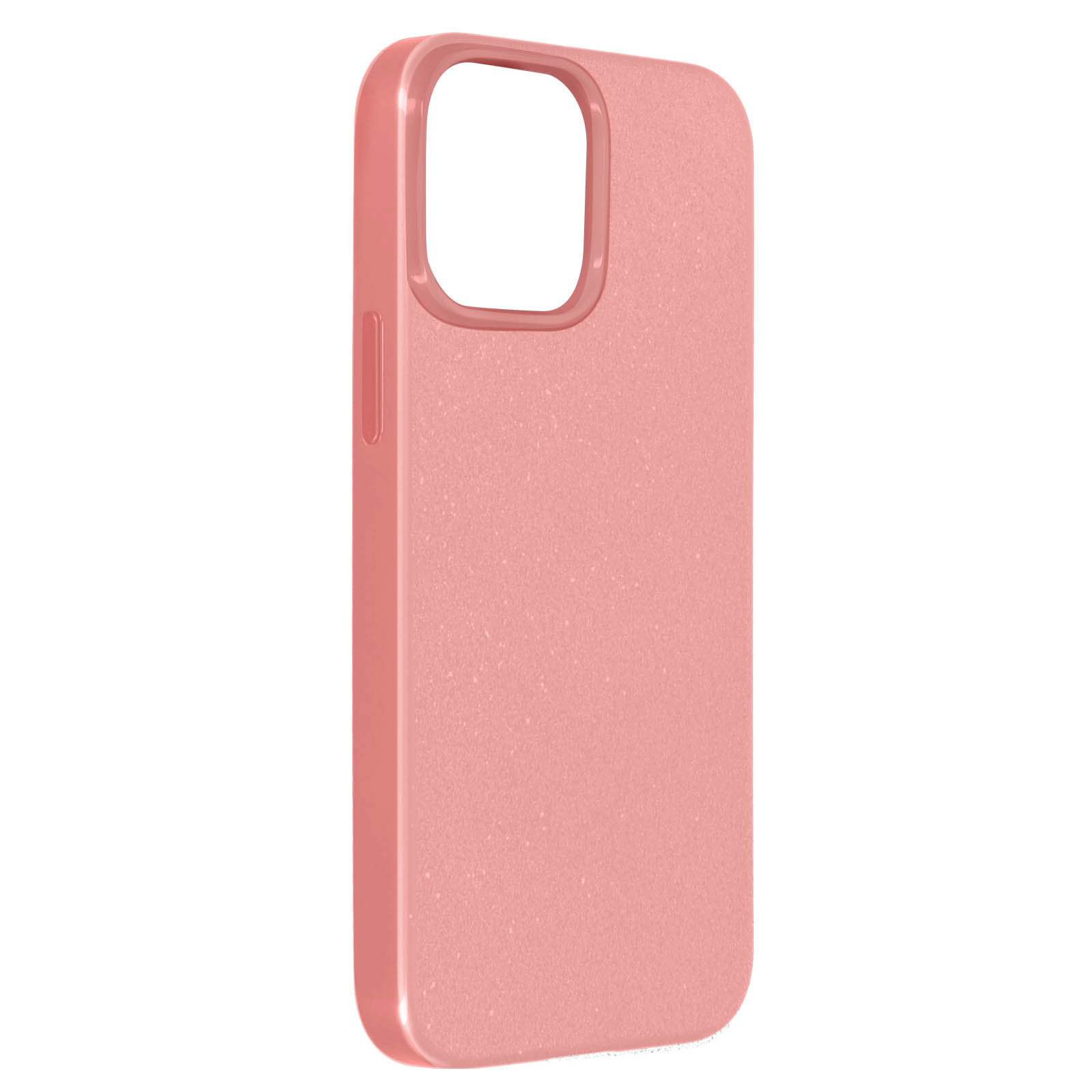 Una custodia per telefono rosa con un foro per la fotocamera, su sfondo bianco.