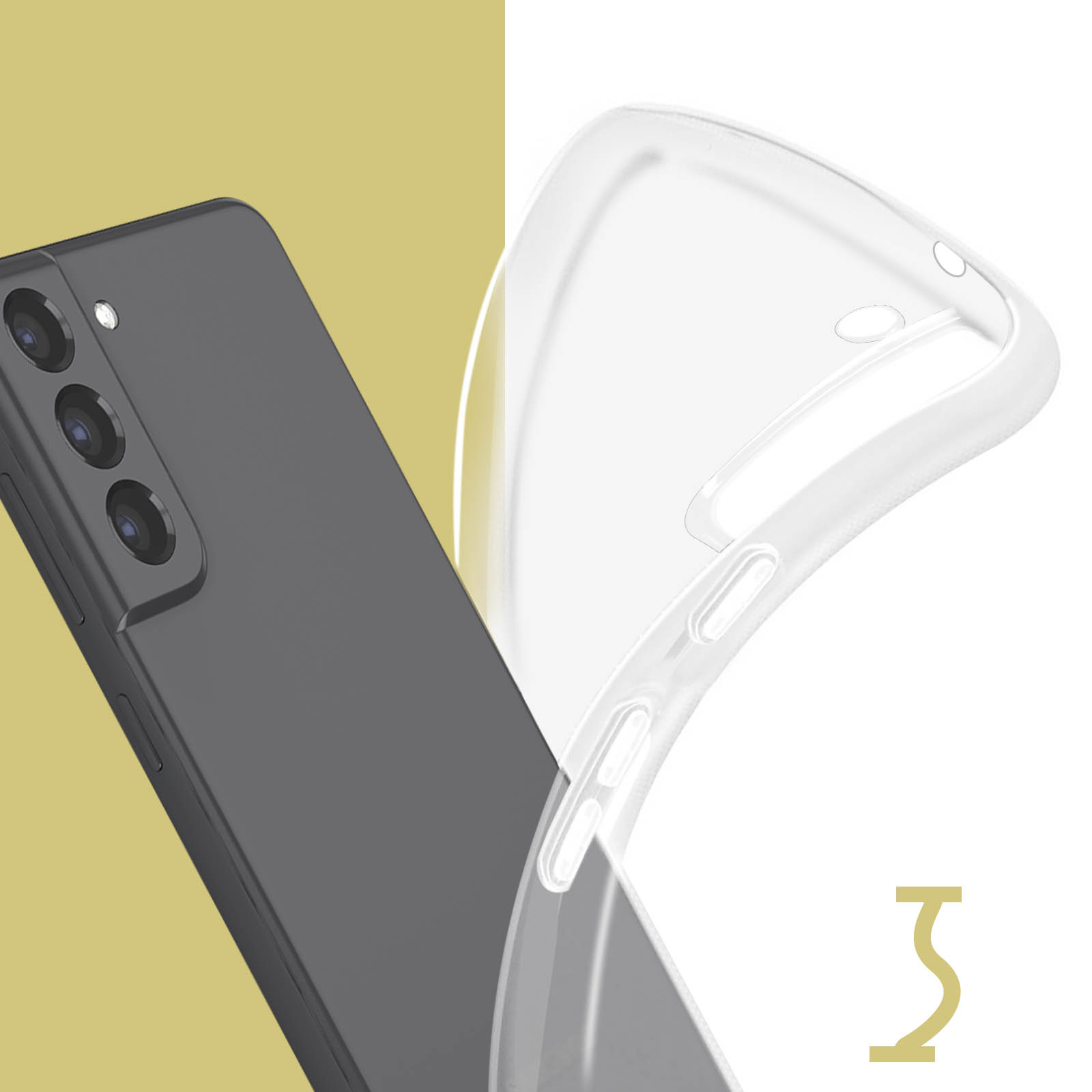 Ein schwarzes Telefon mit einer transparenten Hülle wird daneben gezeigt. Der Hintergrund ist weiß.