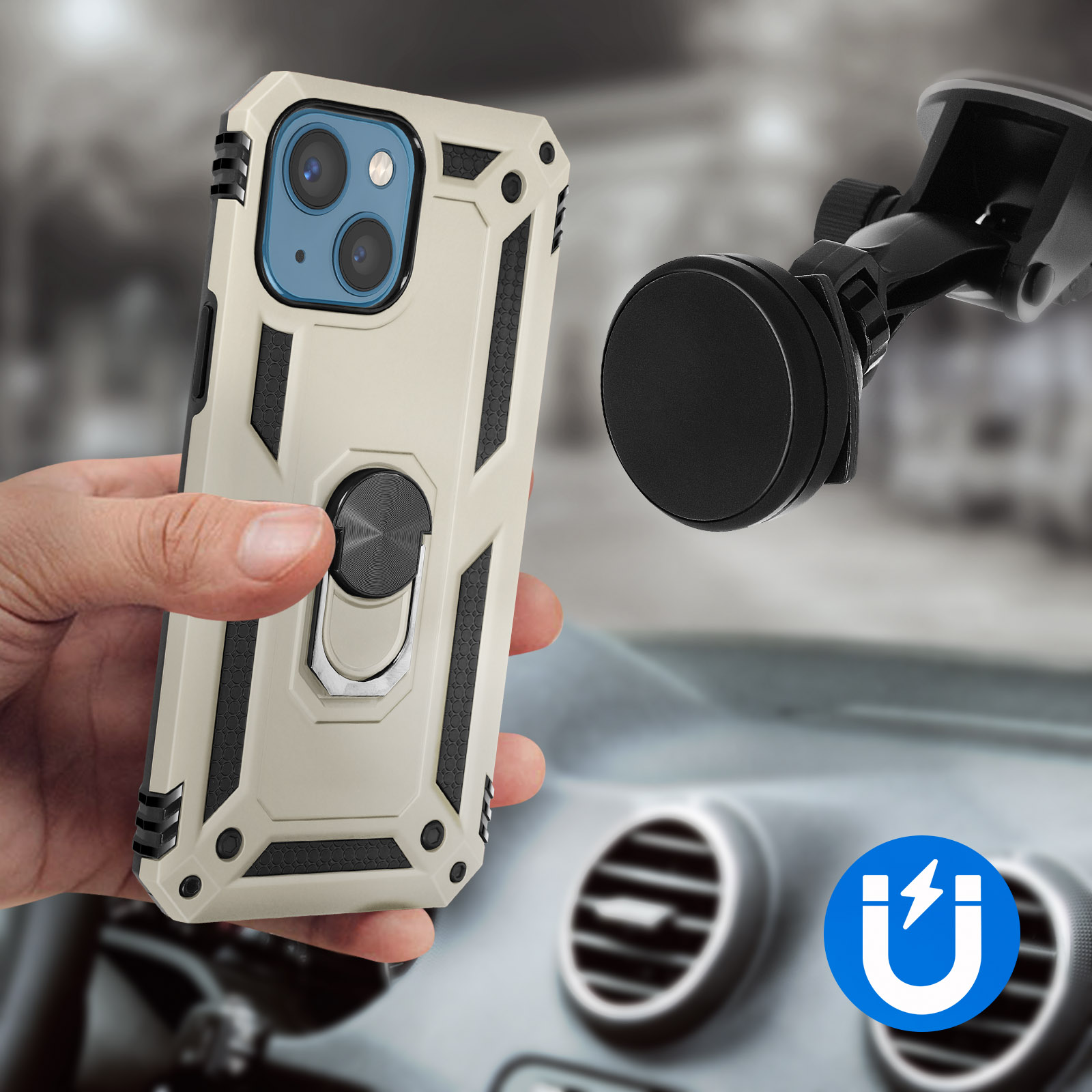Hand hält beige Handyhülle mit Ring, eine magnetische Autohalterung und einen Autoinnenraum im Hintergrund.