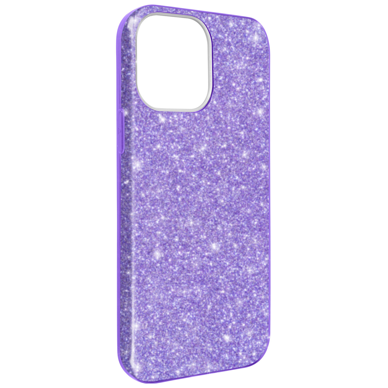 Custodia per telefono glitterata viola. La custodia è su sfondo bianco, con bordo viola.