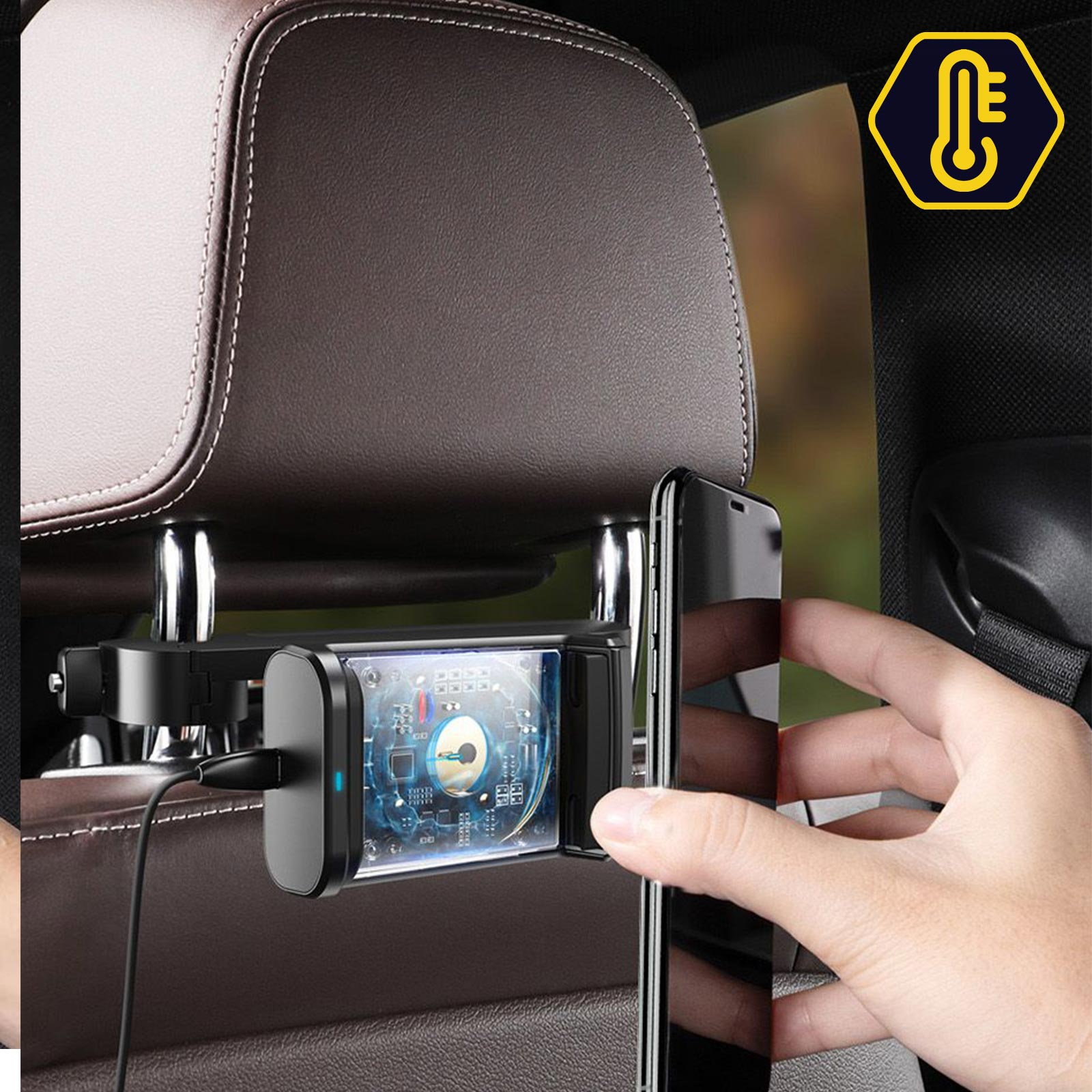 Telefon z ładowarką i ikoną termometru na gadżecie zamontowanym na zagłówku.