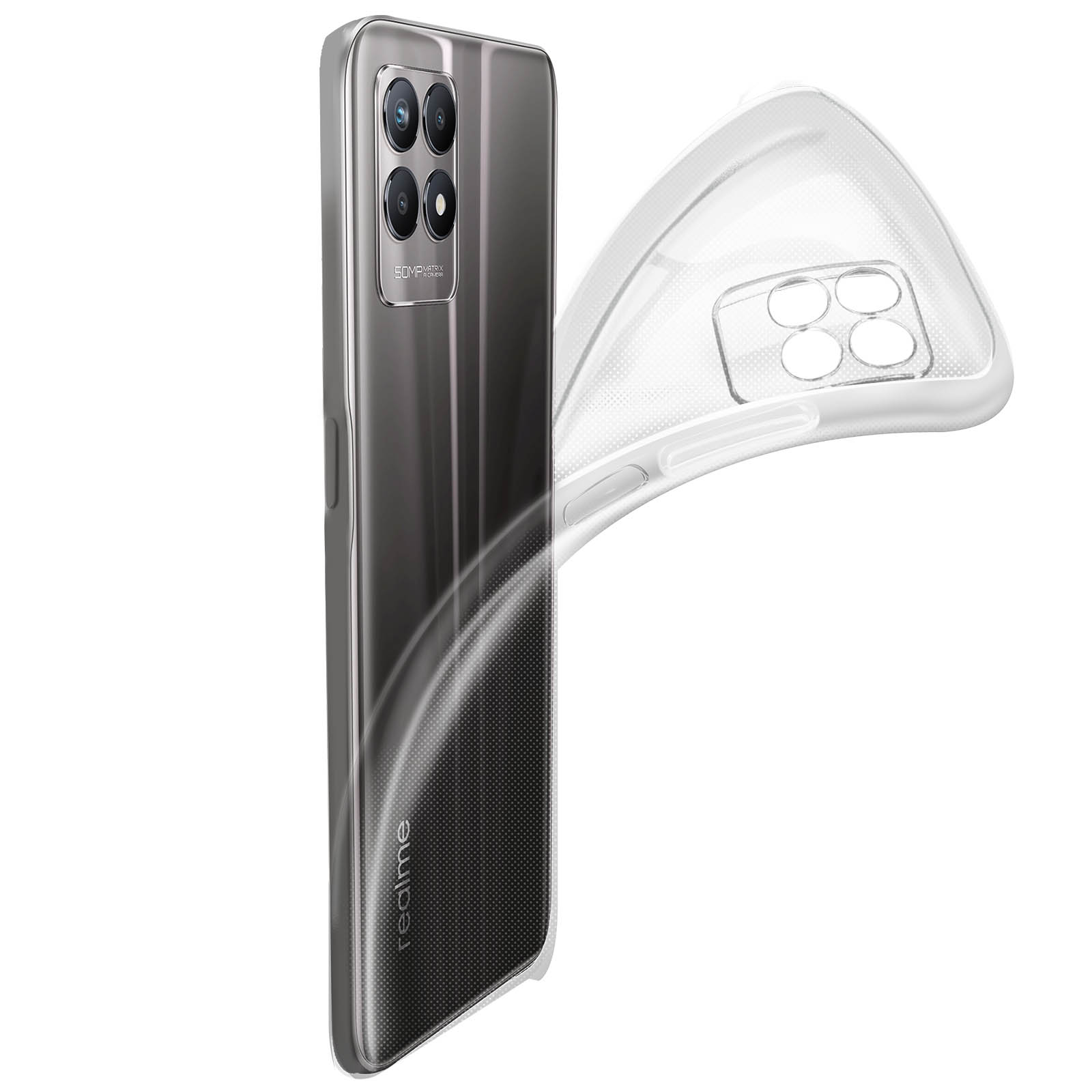 Telefono con custodia, vista posteriore, che mostra fotocamera e logo Realme.