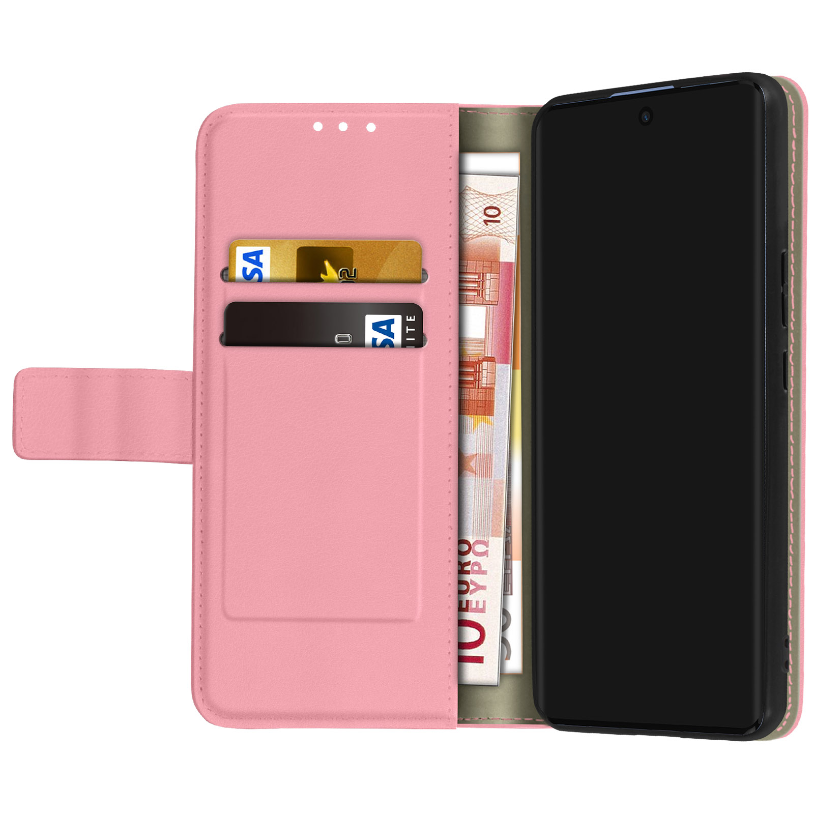 Custodia per telefono rosa aperta, che mostra carte e denaro, con un telefono all'interno.