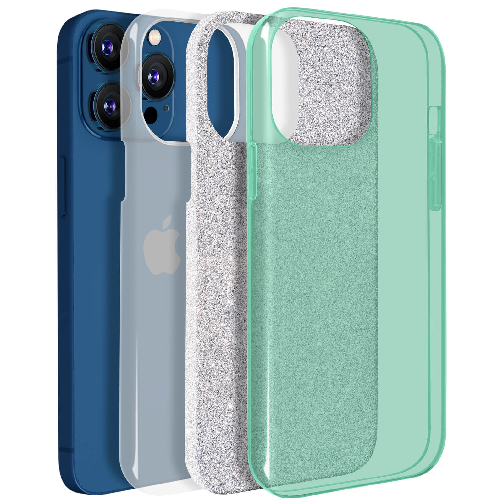 Quattro custodie per telefono: blu, trasparente, glitter argento e verde. Le custodie mostrano i ritagli della fotocamera.