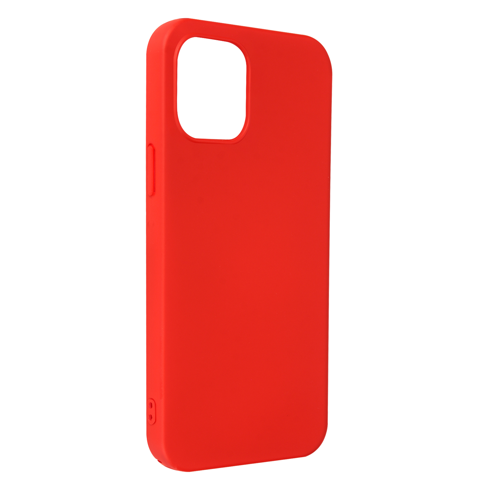 Custodia rossa per telefono con foro per la fotocamera e pulsanti laterali. La custodia è su sfondo bianco.