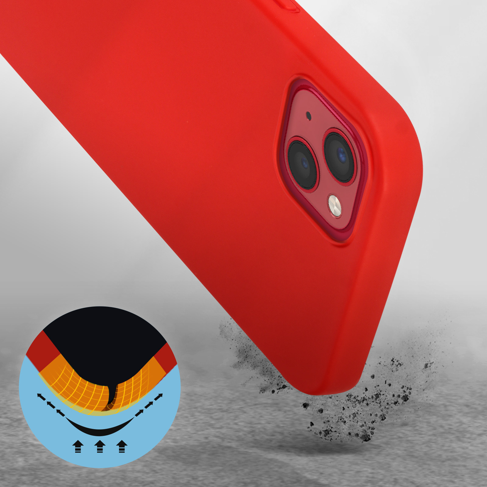 Custodia rossa con fotocamera sul retro e una grafica.