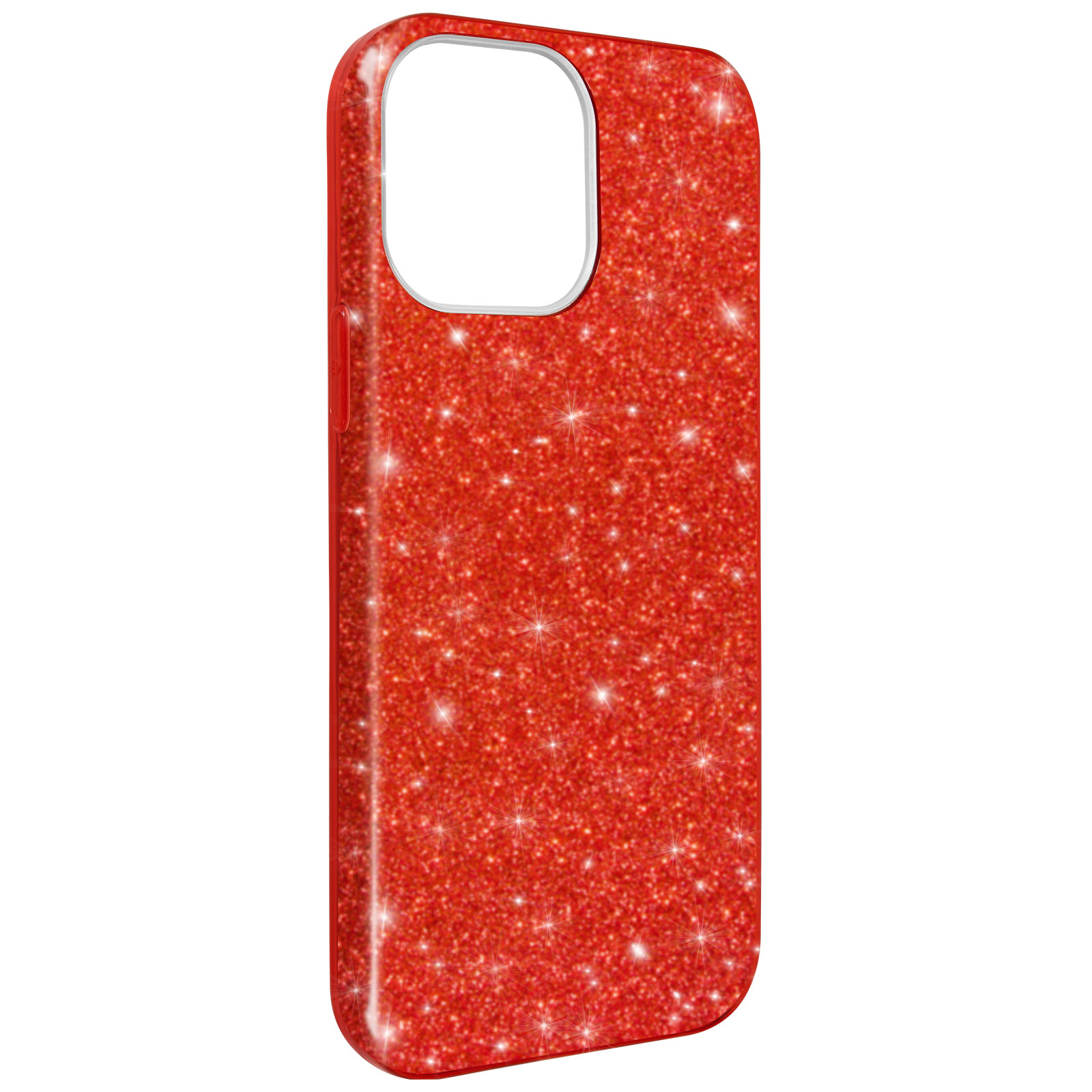 Custodia per telefono glitterata rossa con foro fotocamera.