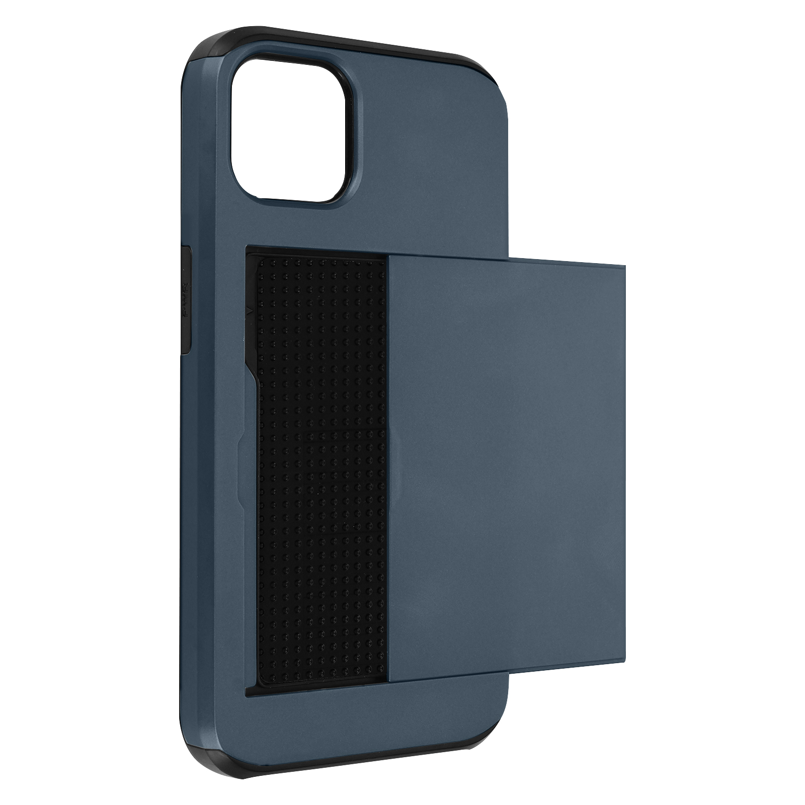 Custodia blu per telefono con fessura per carte. Bordo e interno neri.