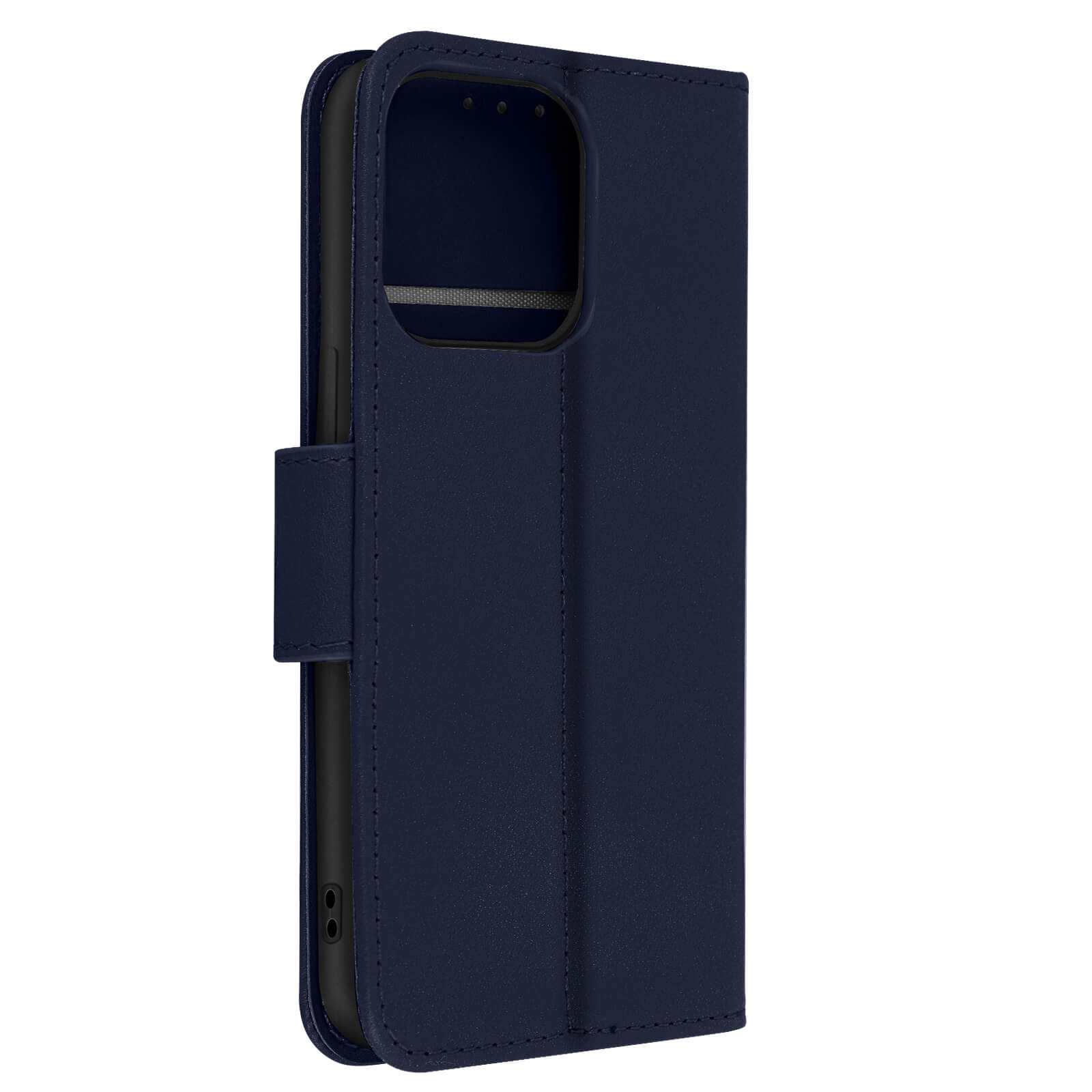 Een blauwe telefoonhoes is open. De hoes is leerachtig en heeft een magnetische sluiting.
