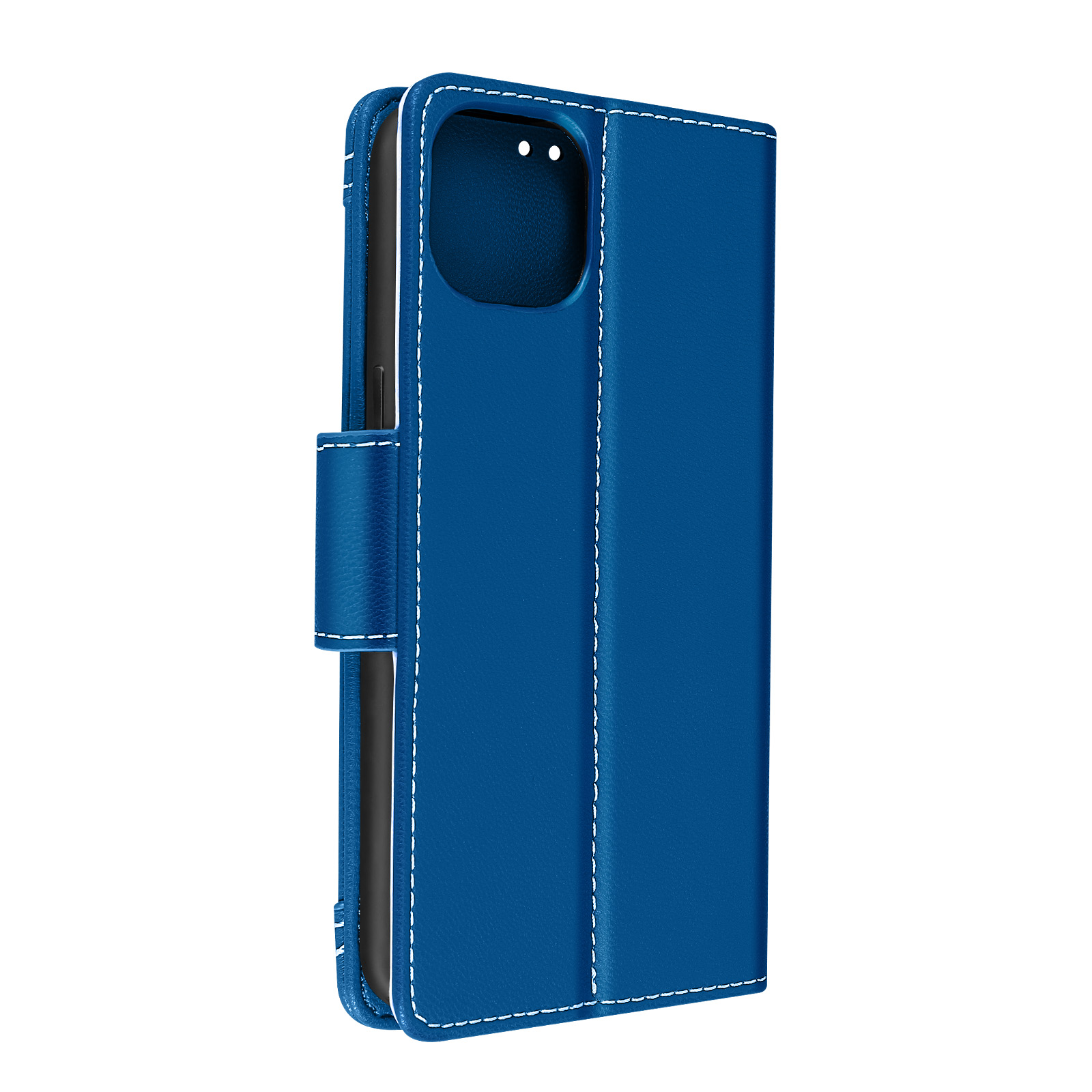 Blauwe telefoonhoes met witte stiksels, gesloten, met camera-uitsparing.