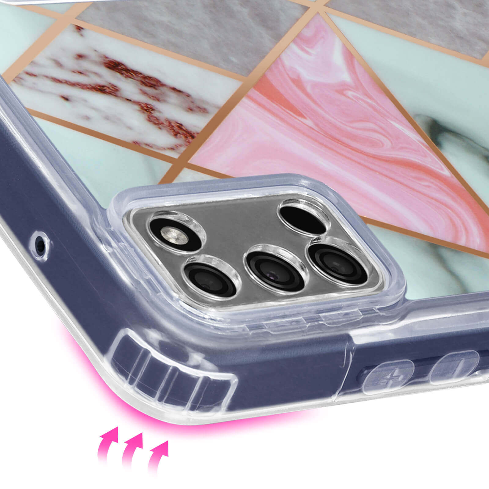 Een telefoonhoesje met een marmerontwerp. Pijlen geven de impactbescherming rond de camera aan.