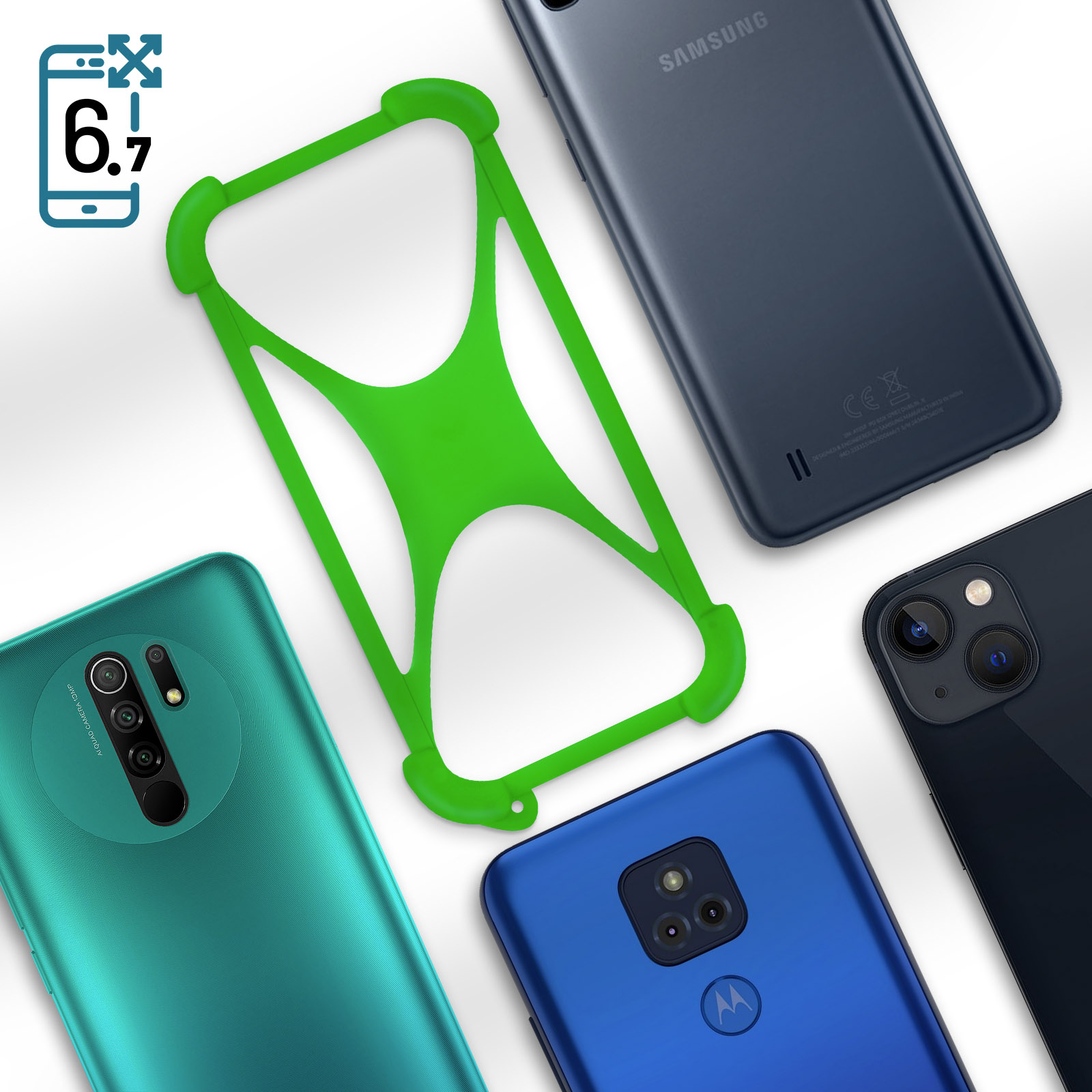 Cinque smartphone con una custodia verde al centro, che mostrano i loro schermi.