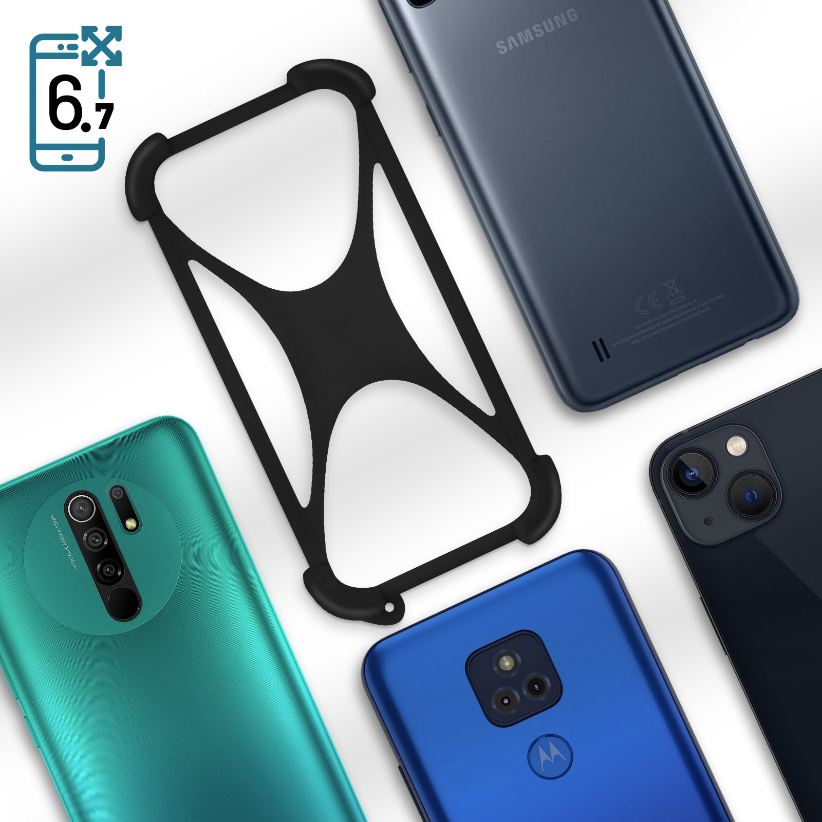 Mehrere Telefone und eine schwarze Handyhülle. Die Telefone sind in verschiedenen Farben und Marken.