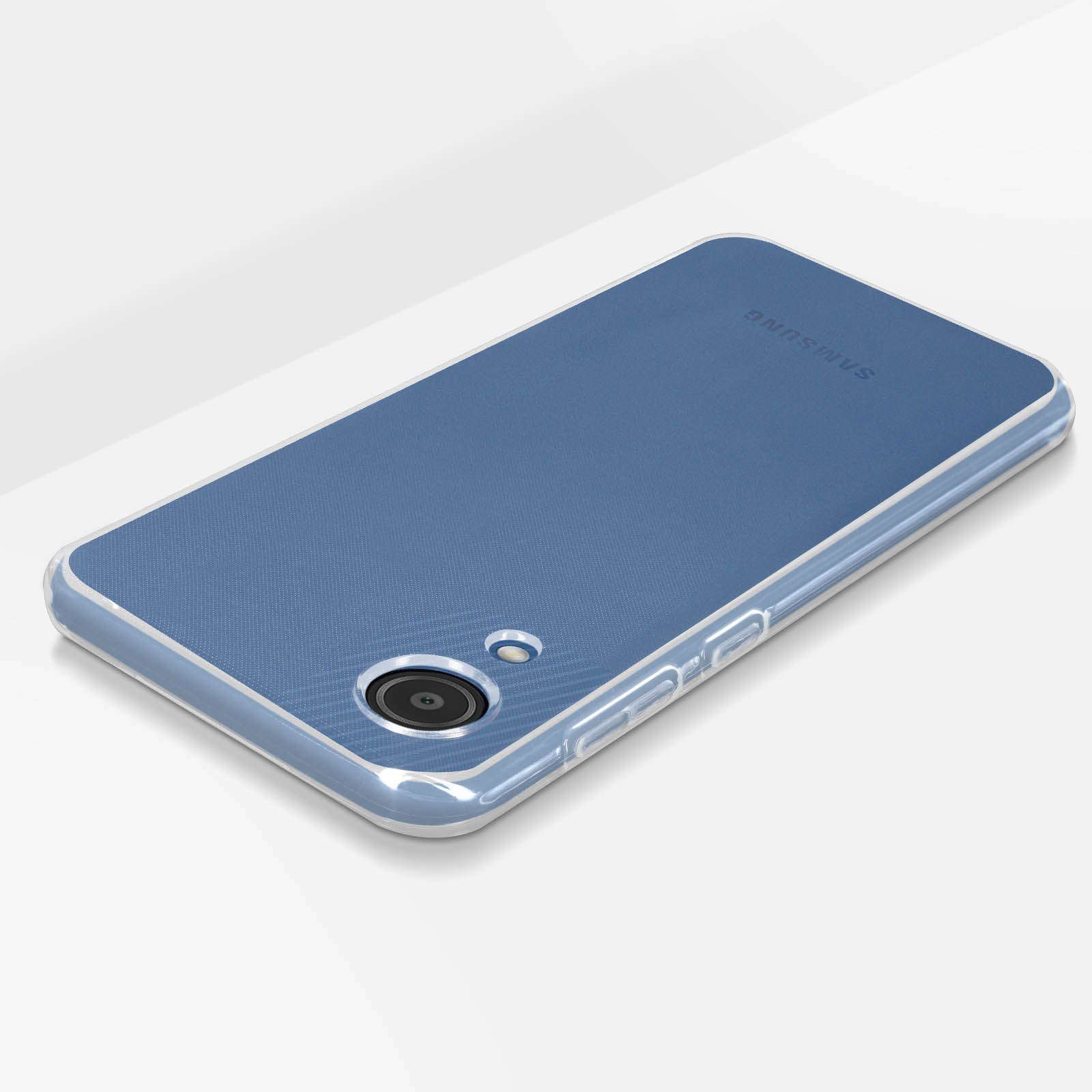 Una custodia blu per telefono con fotocamera e pulsanti, appoggiata su una superficie chiara.