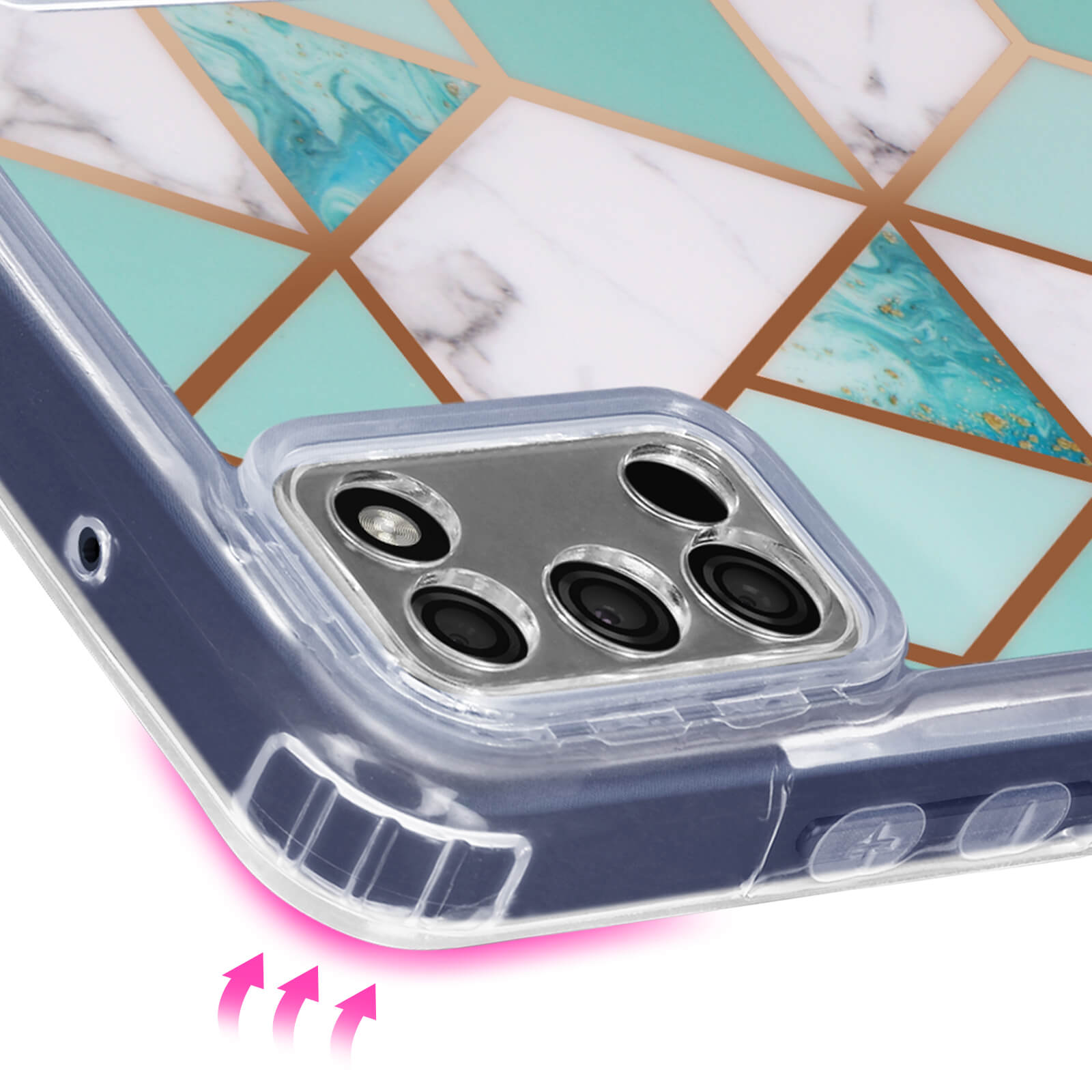 Telefoonhoesje met een marmerachtig ontwerp en een camera-uitsparing.