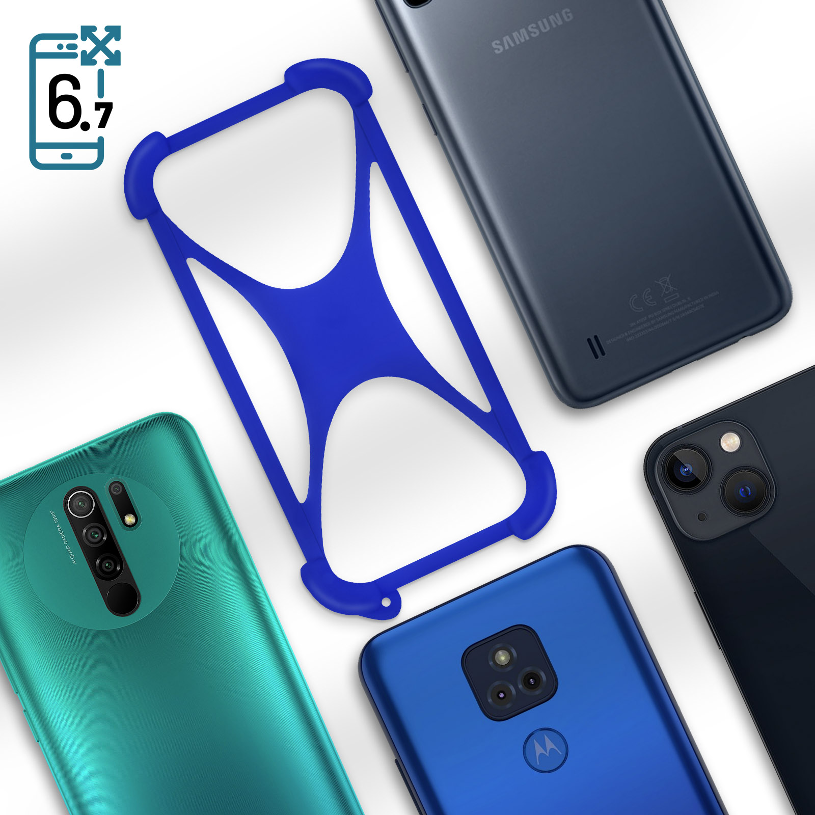 Verschiedene Telefone und eine blaue Handyhülle. Telefone in verschiedenen Farben. Hülle in der Mitte.