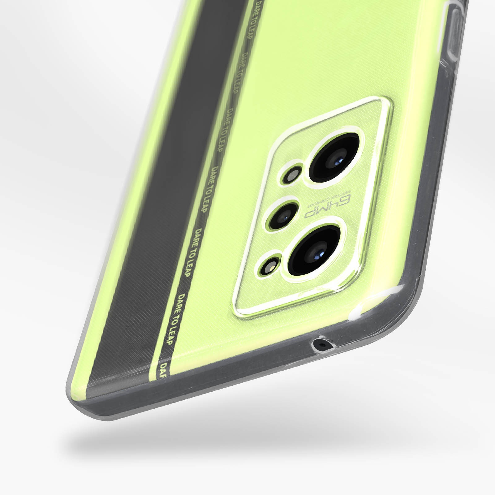 Un primo piano di una custodia per telefono con un design nero e giallo e l'area della fotocamera del telefono visibile.