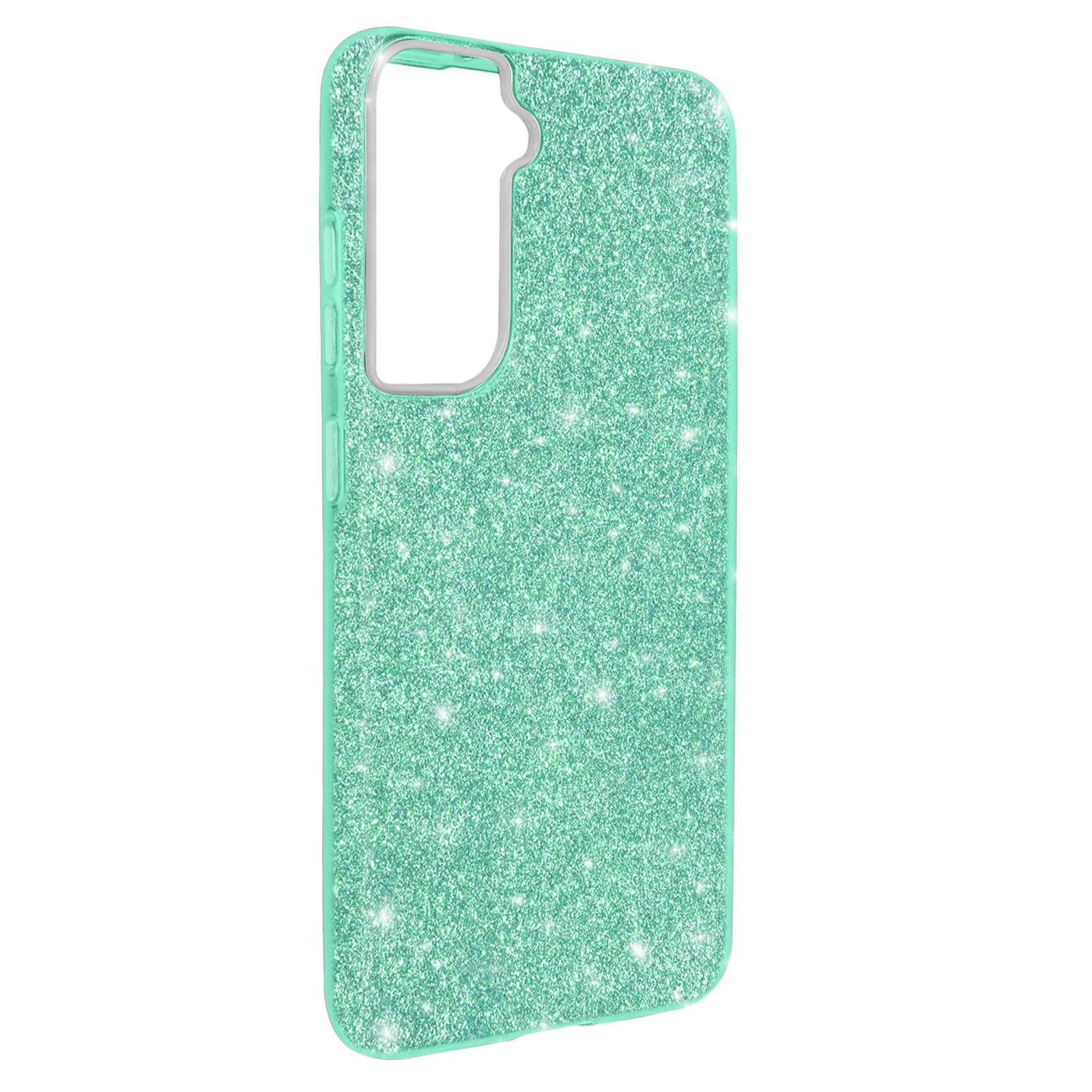 Primo piano di una custodia per telefono verde menta scintillante. Custodia su sfondo bianco.