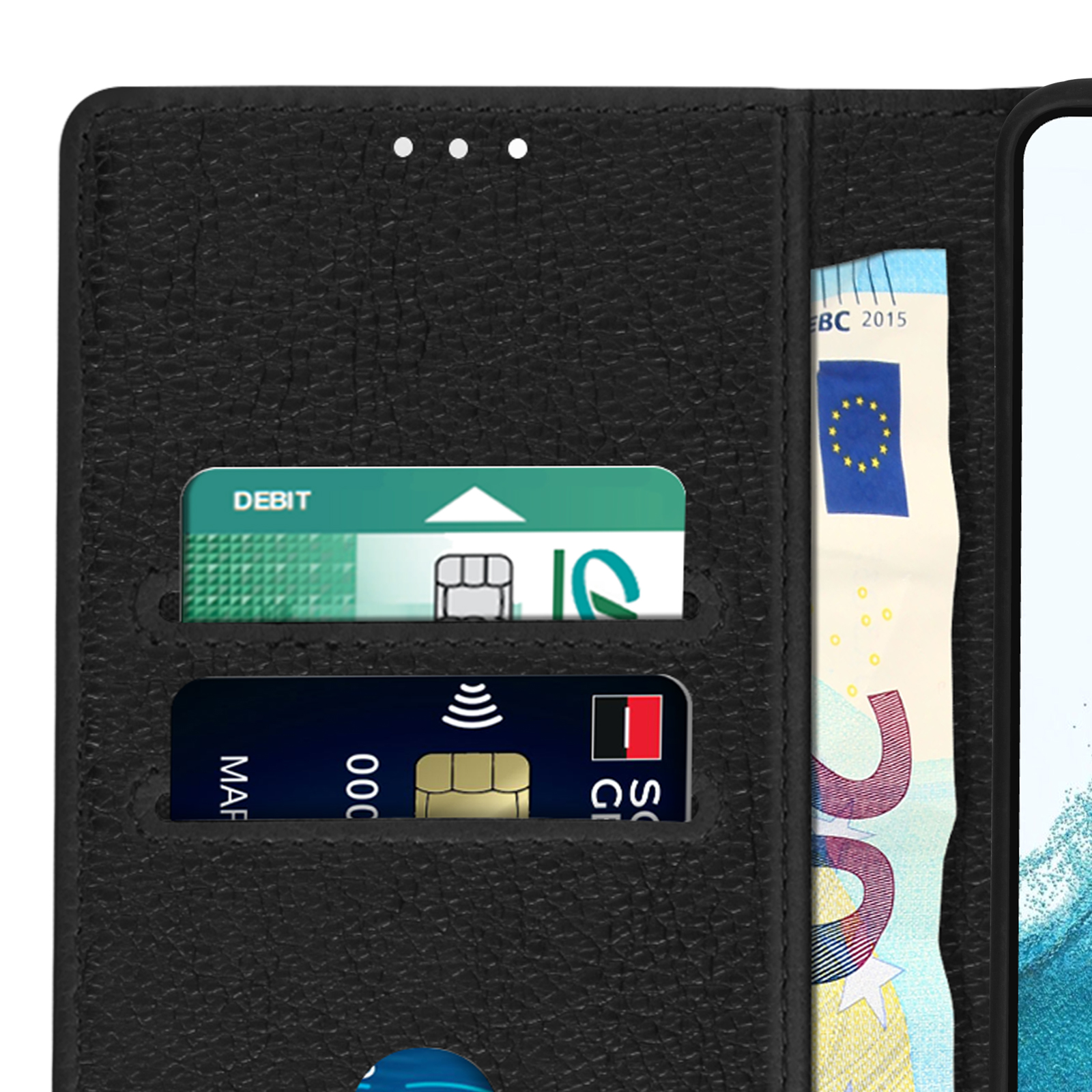 Une coque de téléphone avec des fentes pour cartes et un billet. Une VISA et d'autres cartes sont visibles.