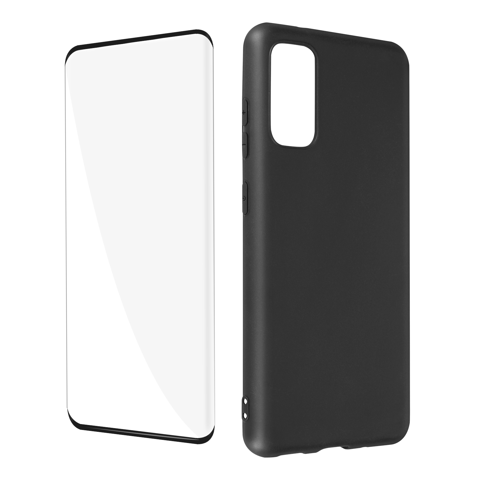 Una protezione per lo schermo e una custodia per telefono vengono visualizzate fianco a fianco, entrambe nere.