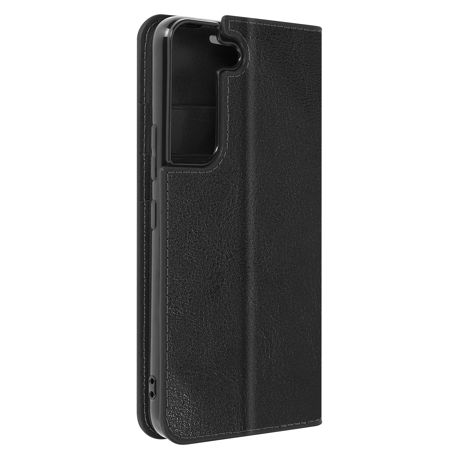 Una custodia nera per telefono, chiusa. Il telefono è all'interno, con un design a cuciture.