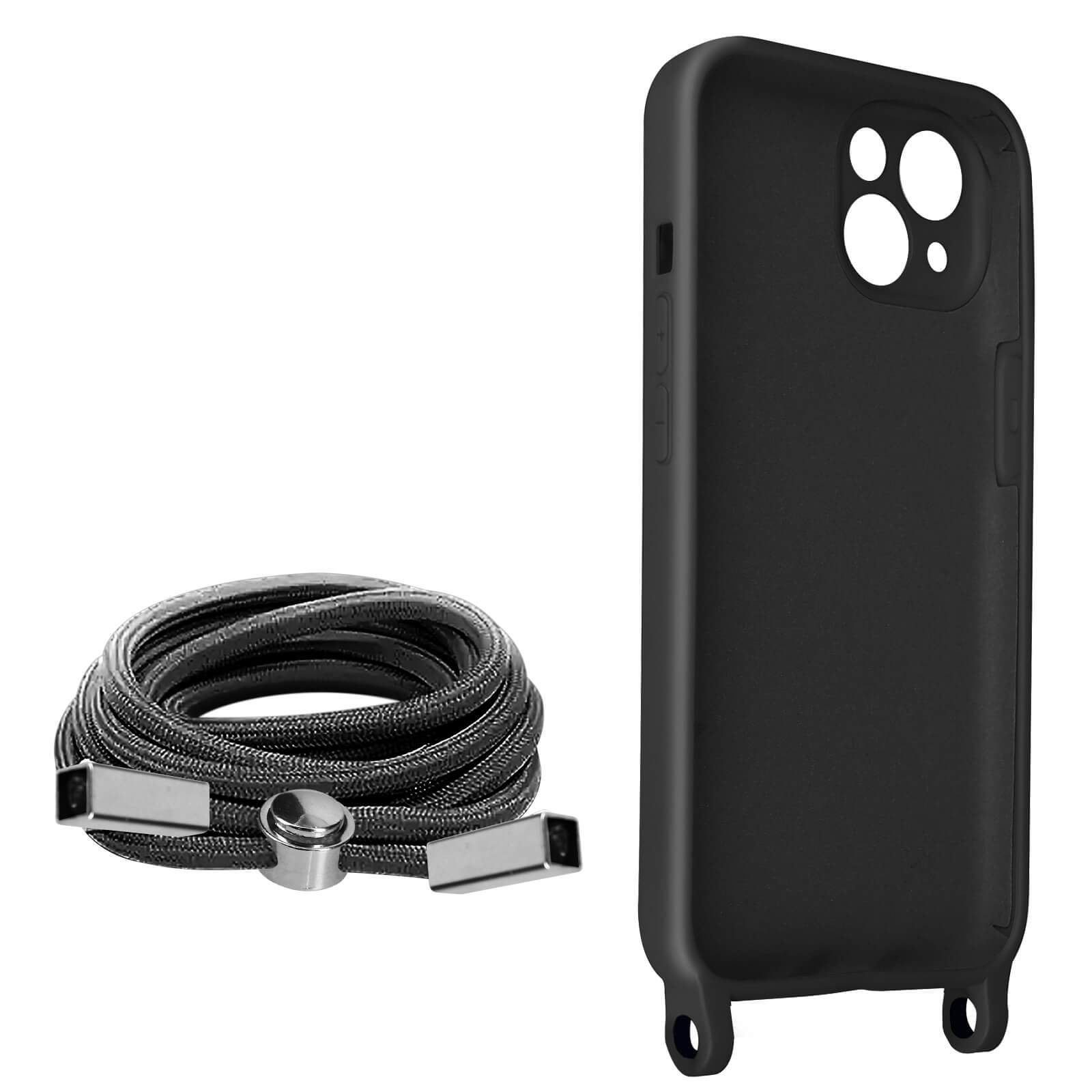 Custodia per telefono nera e una cinghia per telefono nera arrotolata con estremità metalliche.