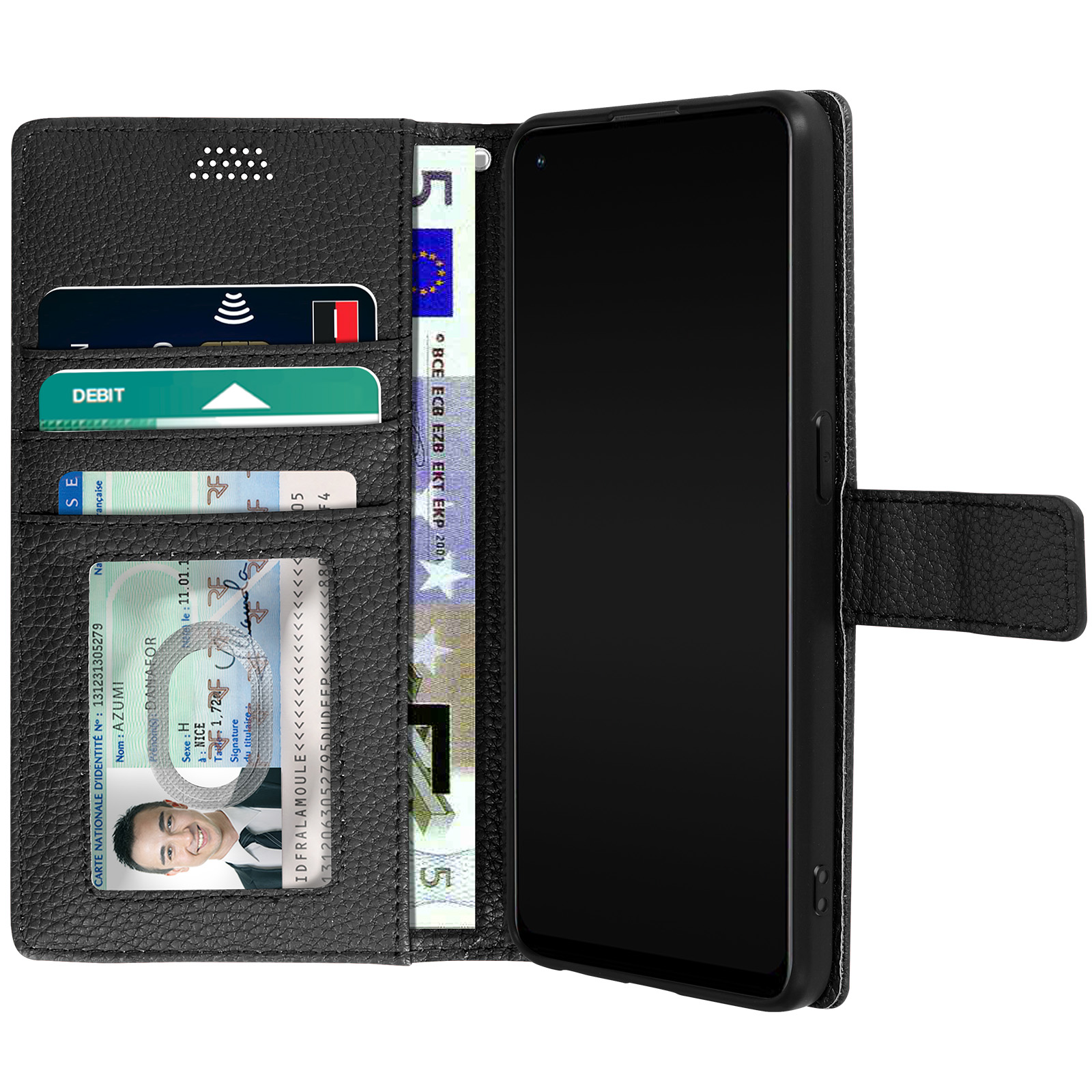 Custodia per telefono in pelle nera aperta, che mostra un telefono, carte e denaro.
