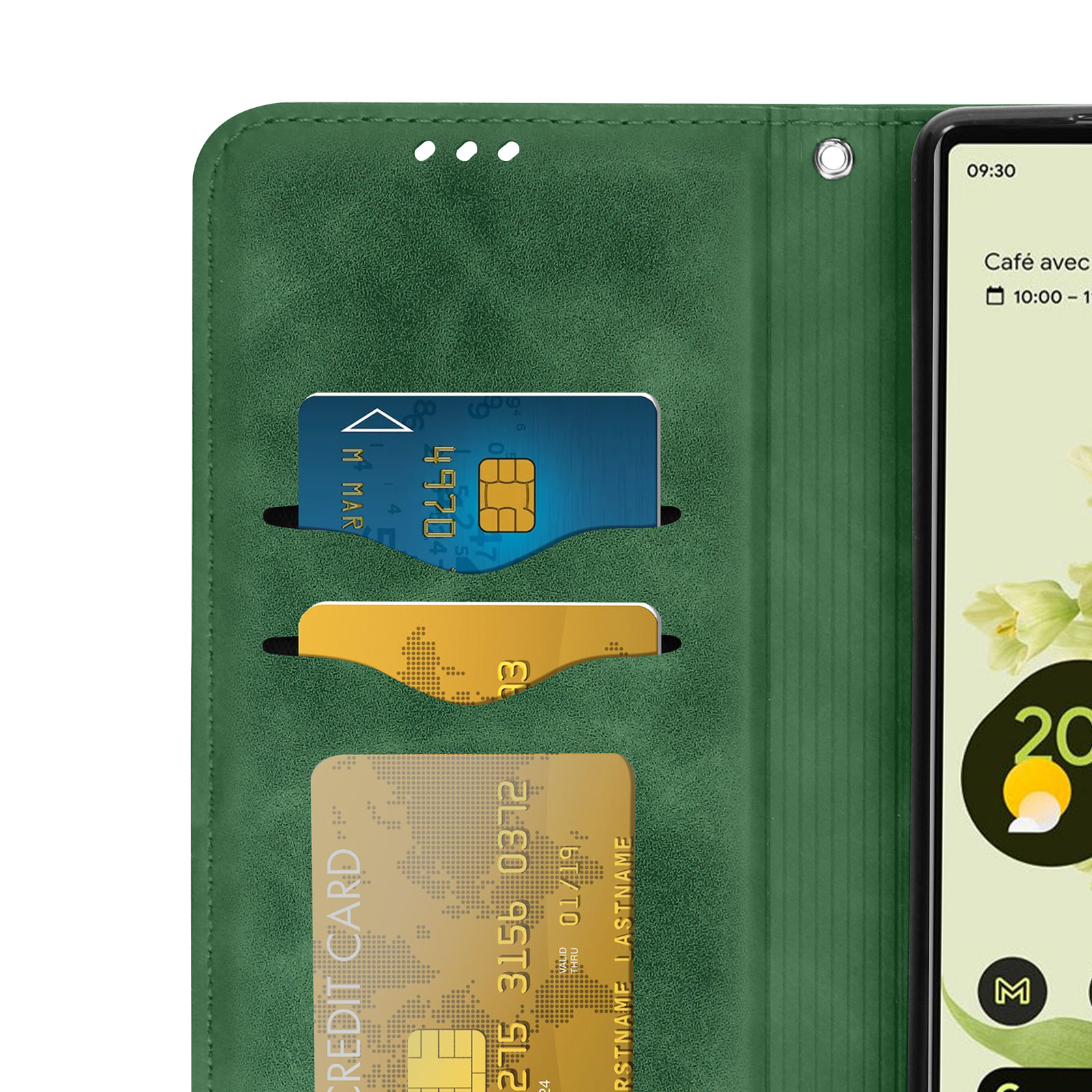 Een telefoon in een groene portemonnee met kaarten. Het scherm toont een weer-app.