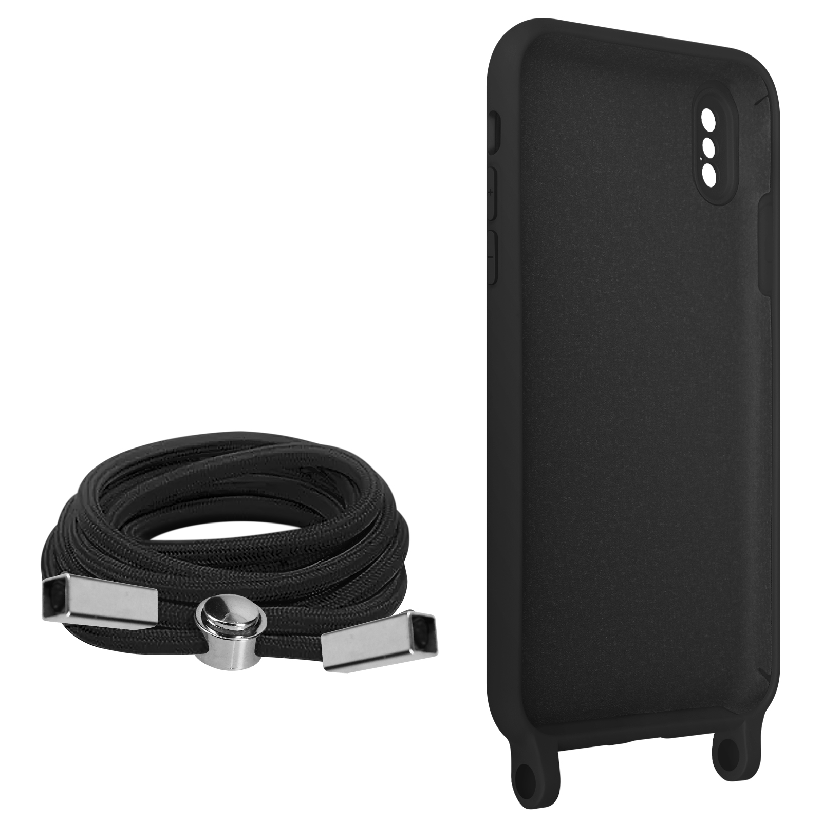 Un étui de téléphone noir avec une lanière, à côté d'une lanière noire enroulée avec des extrémités métalliques.
