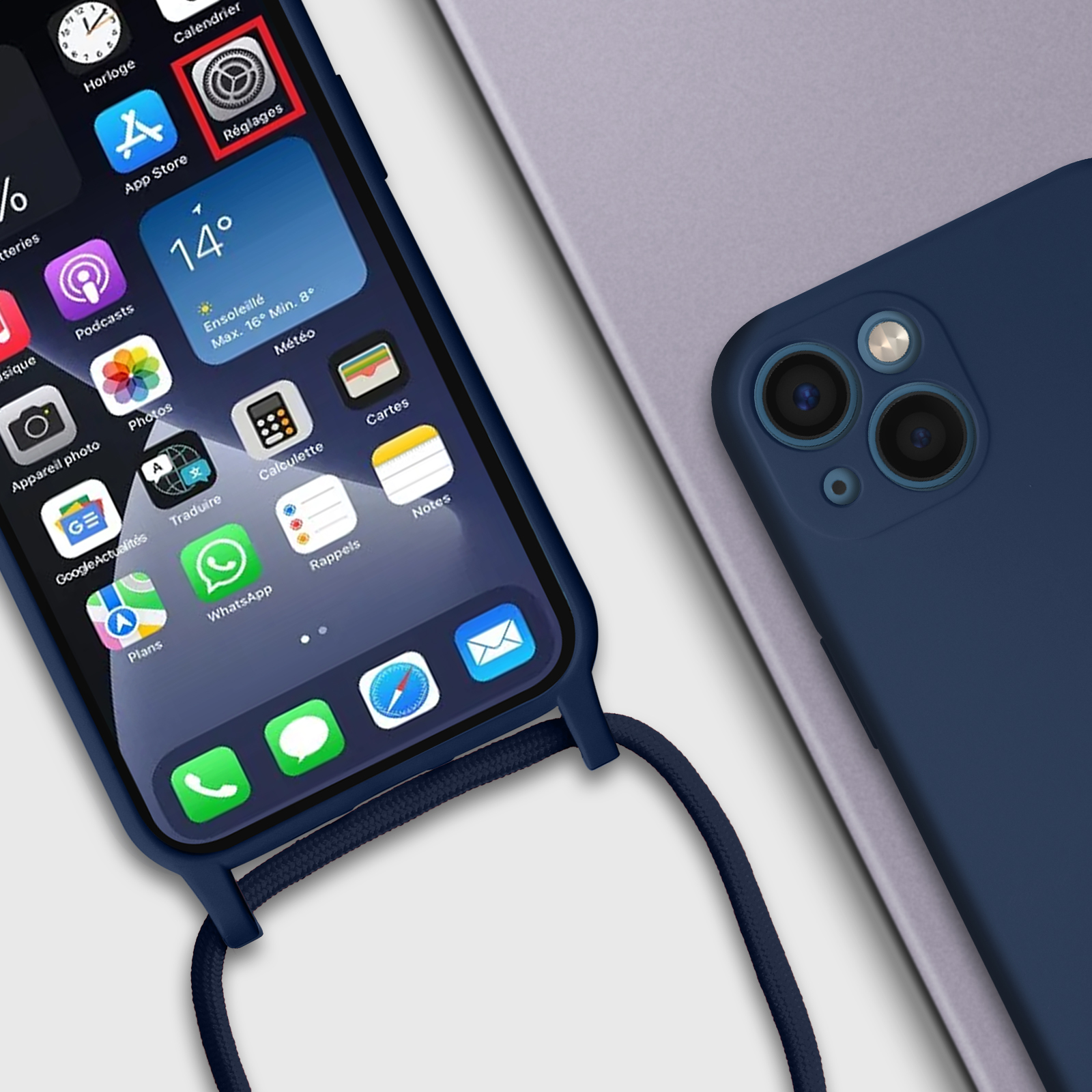 Telefon mit blauem Gehäuse, auf grauer Oberfläche. Der Bildschirm zeigt Telefoneinstellungen. Ein weiteres Telefon rechts.