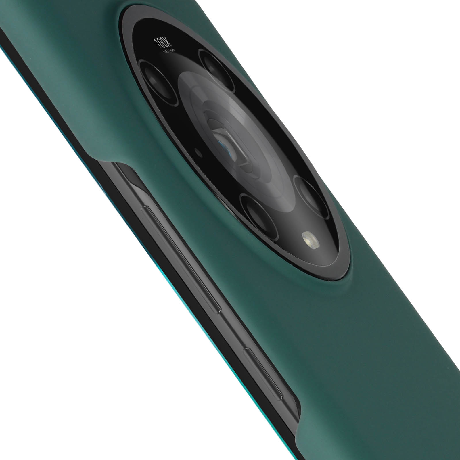 Un primo piano di una custodia per telefono verde, che rivela la configurazione della fotocamera. Lo sfondo è bianco.