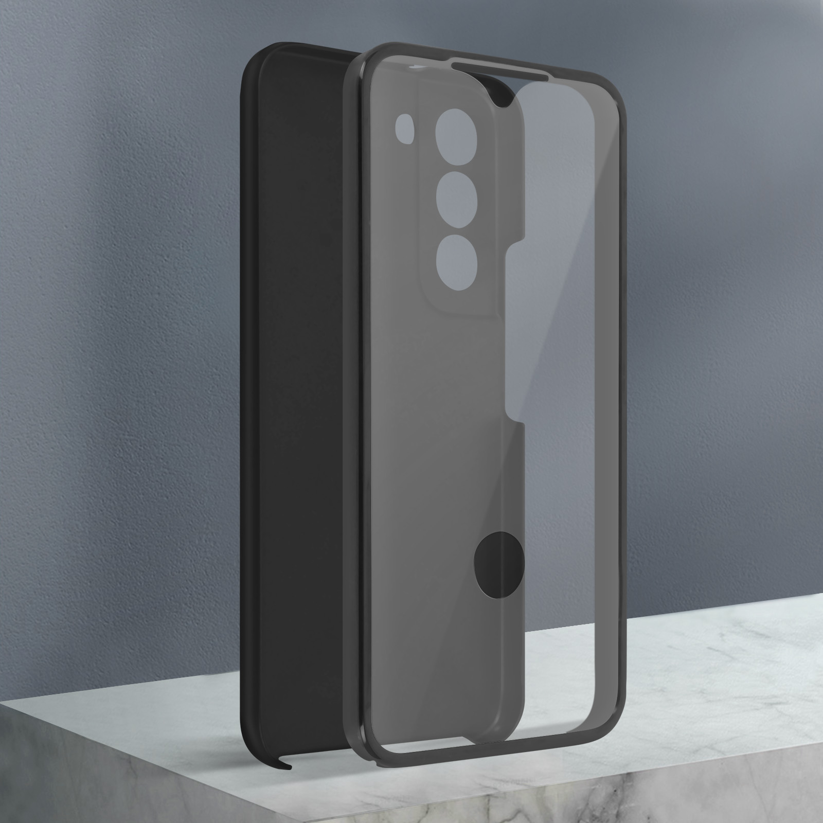 Coque de téléphone noire, devant transparent, en angle, avec les lentilles de la caméra visibles.