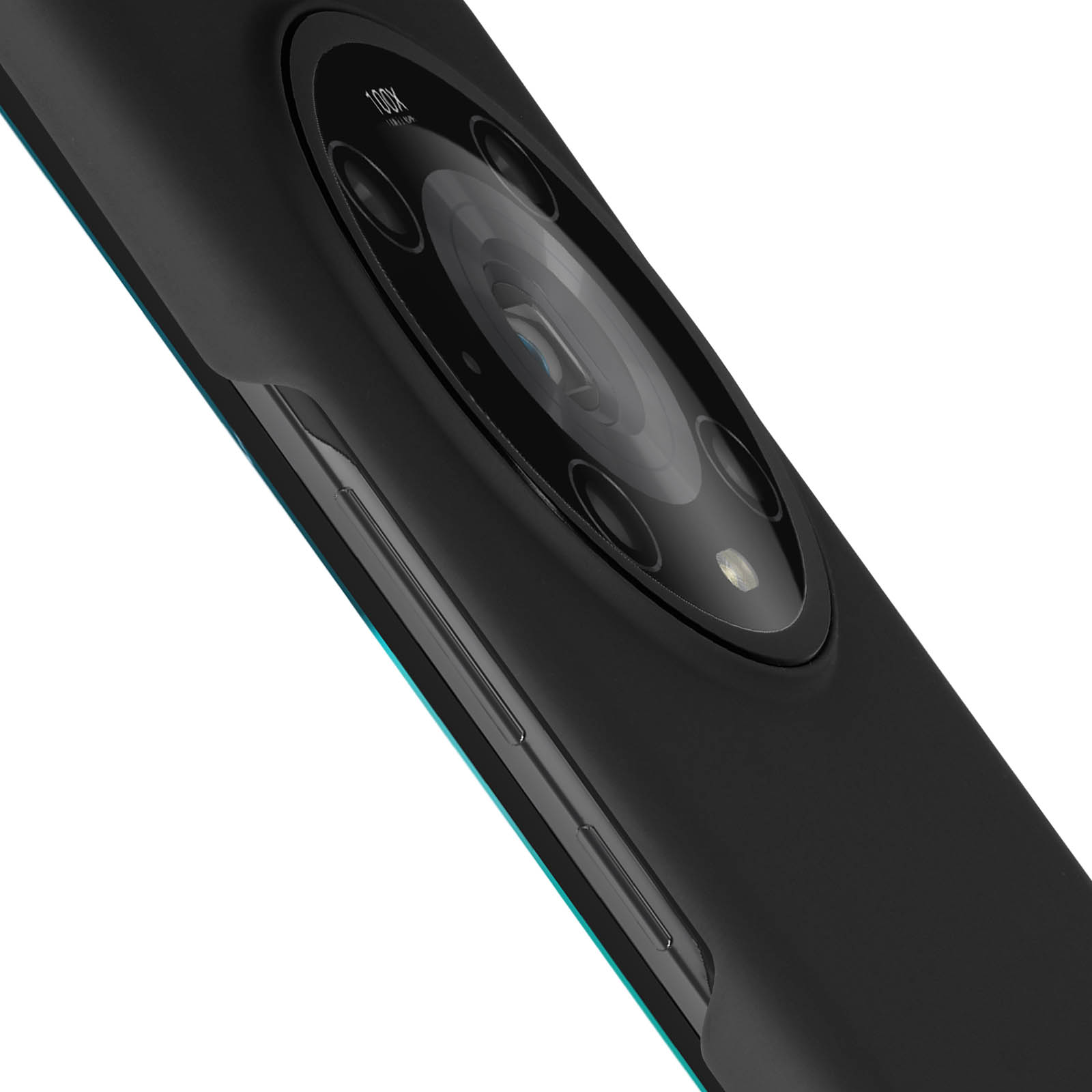 Primo piano della sezione fotocamera di un telefono nero. L'obiettivo e il pulsante laterale del telefono sono visibili.