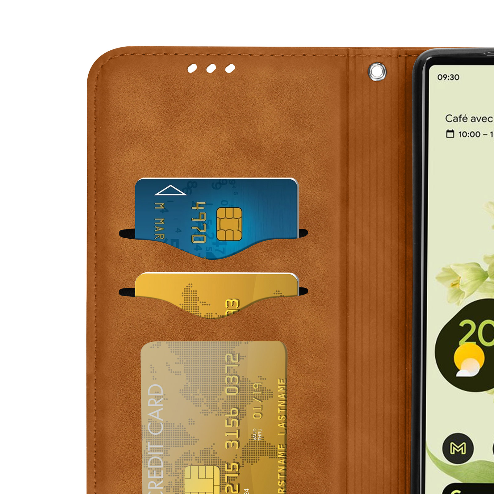 Een bruine telefoonhoes met creditcards en een telefoon met een app-interface.